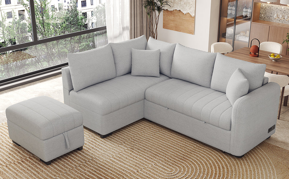 82.6" L Shaped Sectional Pull Out Sofa Bed Sleeper Sofa With Two Usb Ports, Two Power Sockets And A Movable Storage Ottoman, Gray Gray Foam Polyester