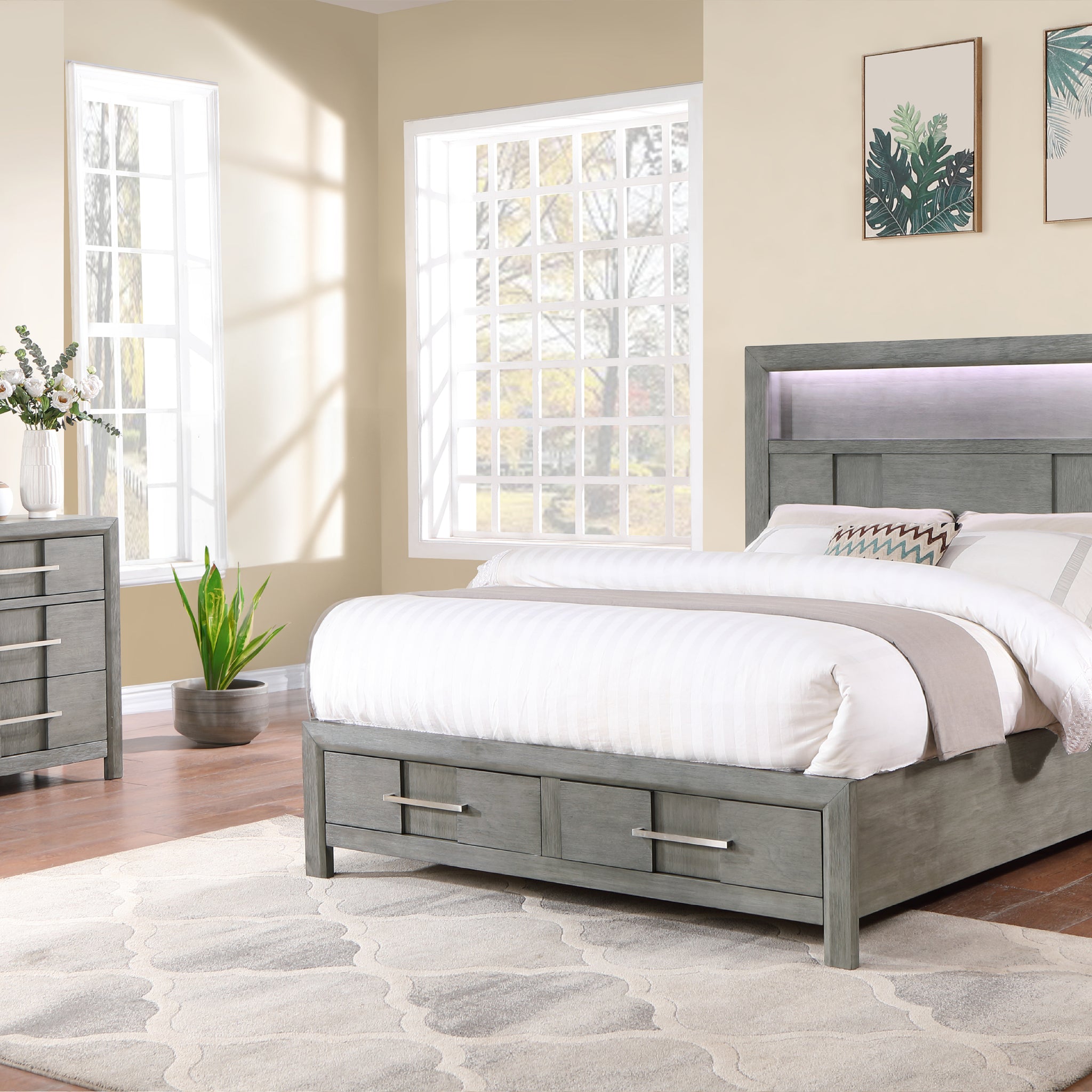 Modern Style King 4Pc Storage Bedroom Set Made With Wood, Led Headboard, Bluetooth Speakers & Usb Ports Grey Box Spring Not Required King Gray Wood 4 Piece Set Bedroom Bed Included,Dresser Included,Mirror Included,Nightstand Included Contemporary,Modern