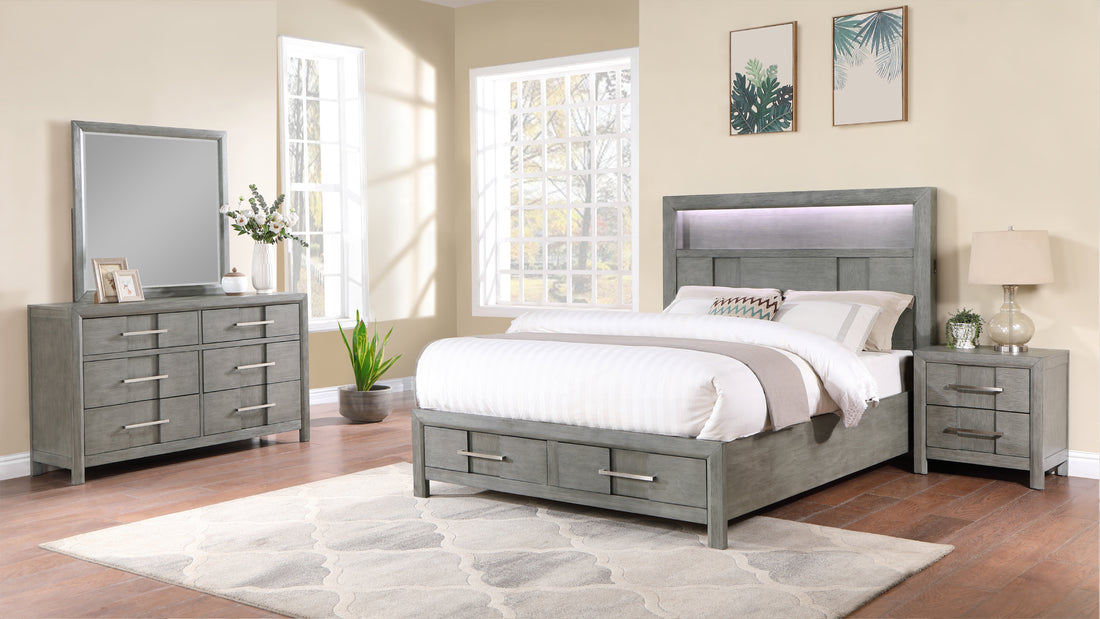 Modern Style Full 4Pc Storage Bedroom Set Made With Wood, Led Headboard, Bluetooth Speakers & Usb Ports Grey Box Spring Not Required Full Gray Wood 4 Piece Set Bedroom Bed Included,Dresser Included,Mirror Included,Nightstand Included Contemporary,Modern