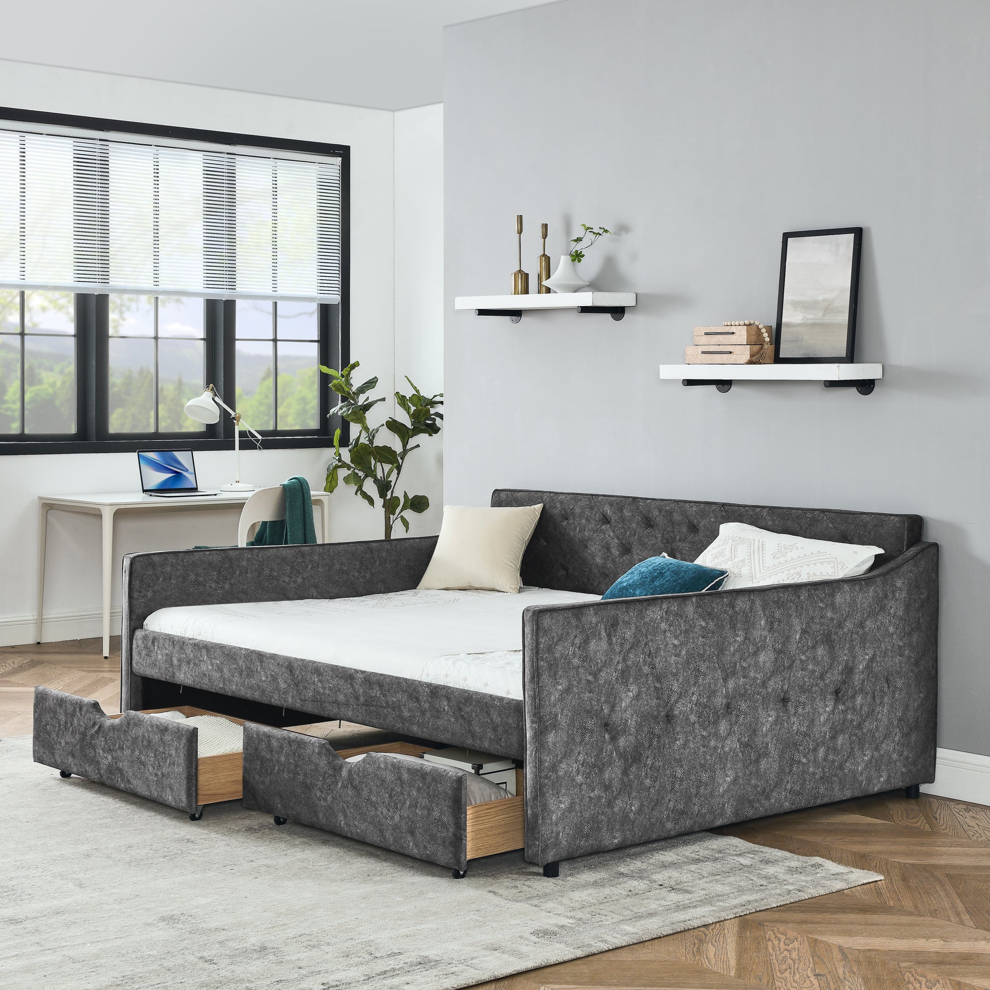 Queen Size Daybed With Drawers Upholstered Tufted Sofa Bed,With Button On Back On Waved Shape Arms Box Spring Not Required Queen Grey Wood Bedroom Eucalyptus Polyester Foam