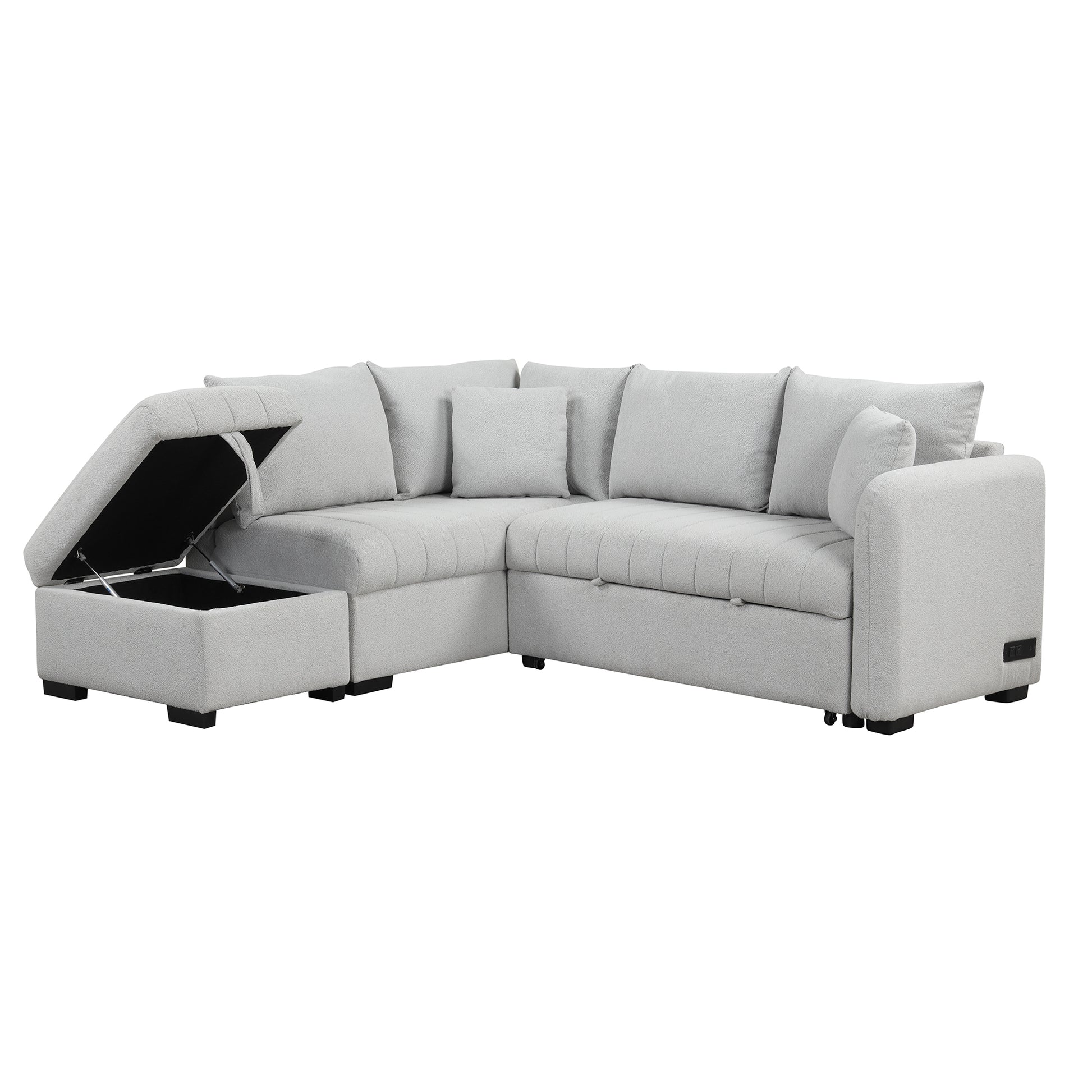 82.6" L Shaped Sectional Pull Out Sofa Bed Sleeper Sofa With Two Usb Ports, Two Power Sockets And A Movable Storage Ottoman, Gray Gray Foam Polyester