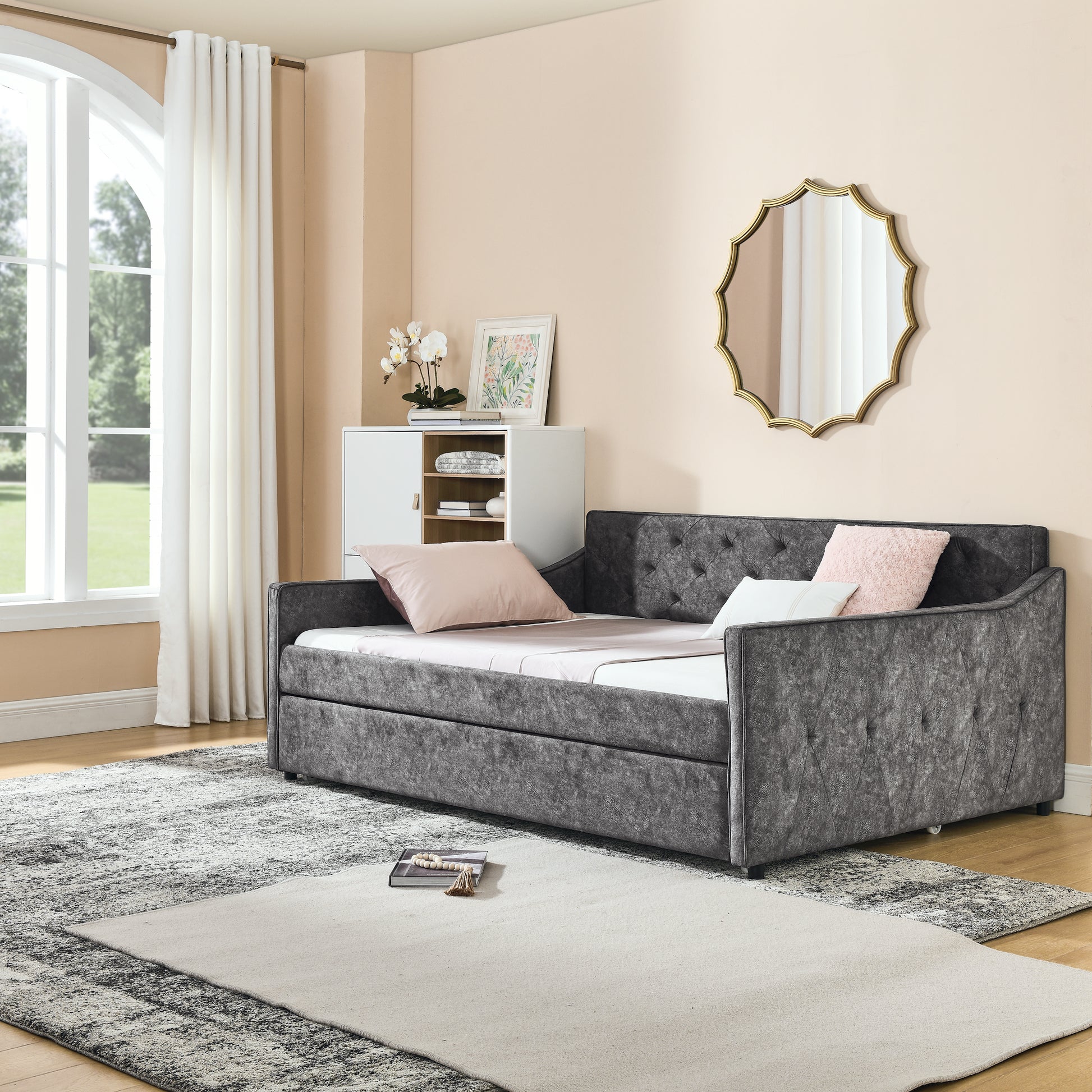 Full Size Daybed With Twin Size Trundle Upholstered Tufted Sofa Bed, Waved Shape Arms, Grey Box Spring Not Required Full Grey Wood Bedroom Eucalyptus Polyester Polyester