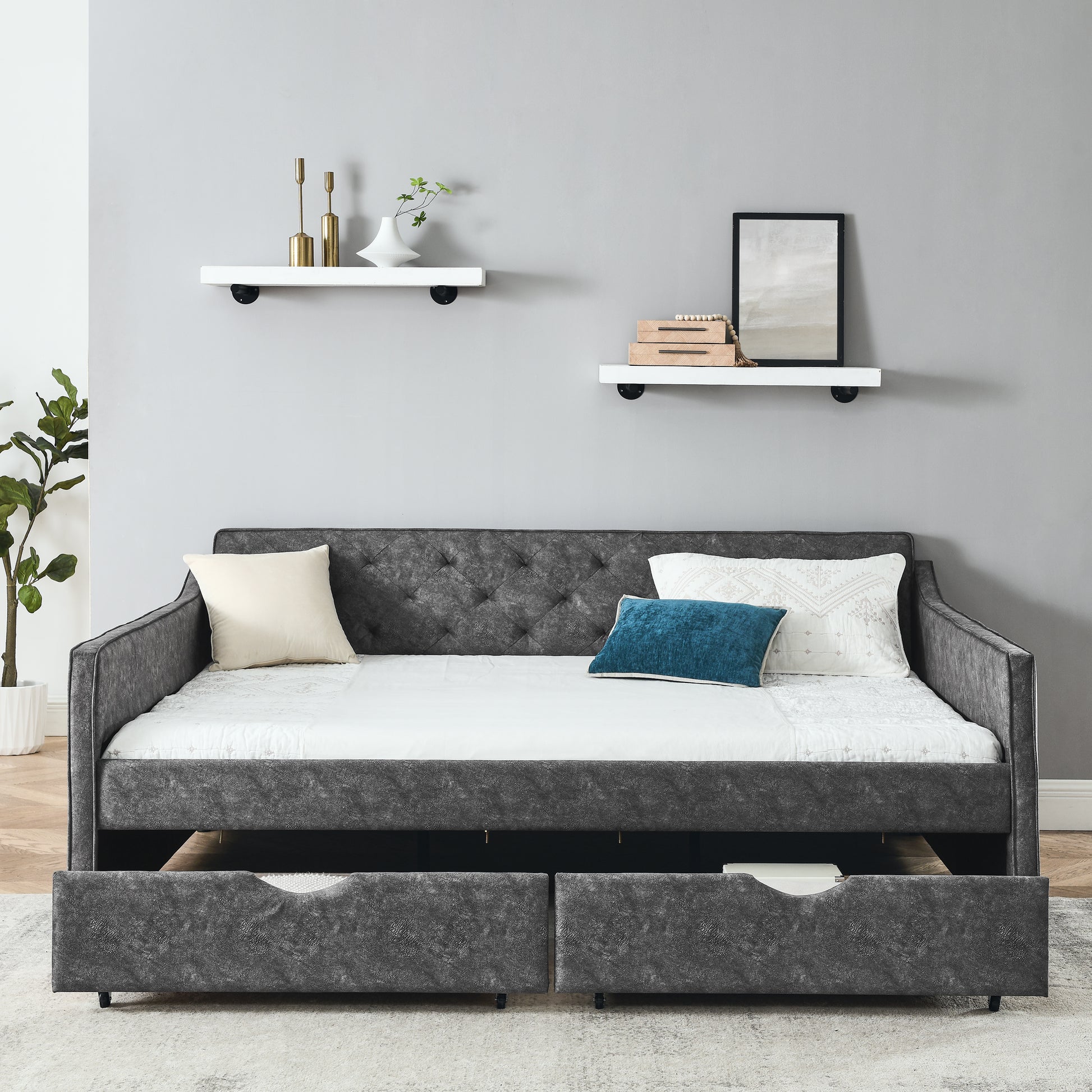 Queen Size Daybed With Drawers Upholstered Tufted Sofa Bed,With Button On Back On Waved Shape Arms Box Spring Not Required Queen Grey Wood Bedroom Eucalyptus Polyester Foam