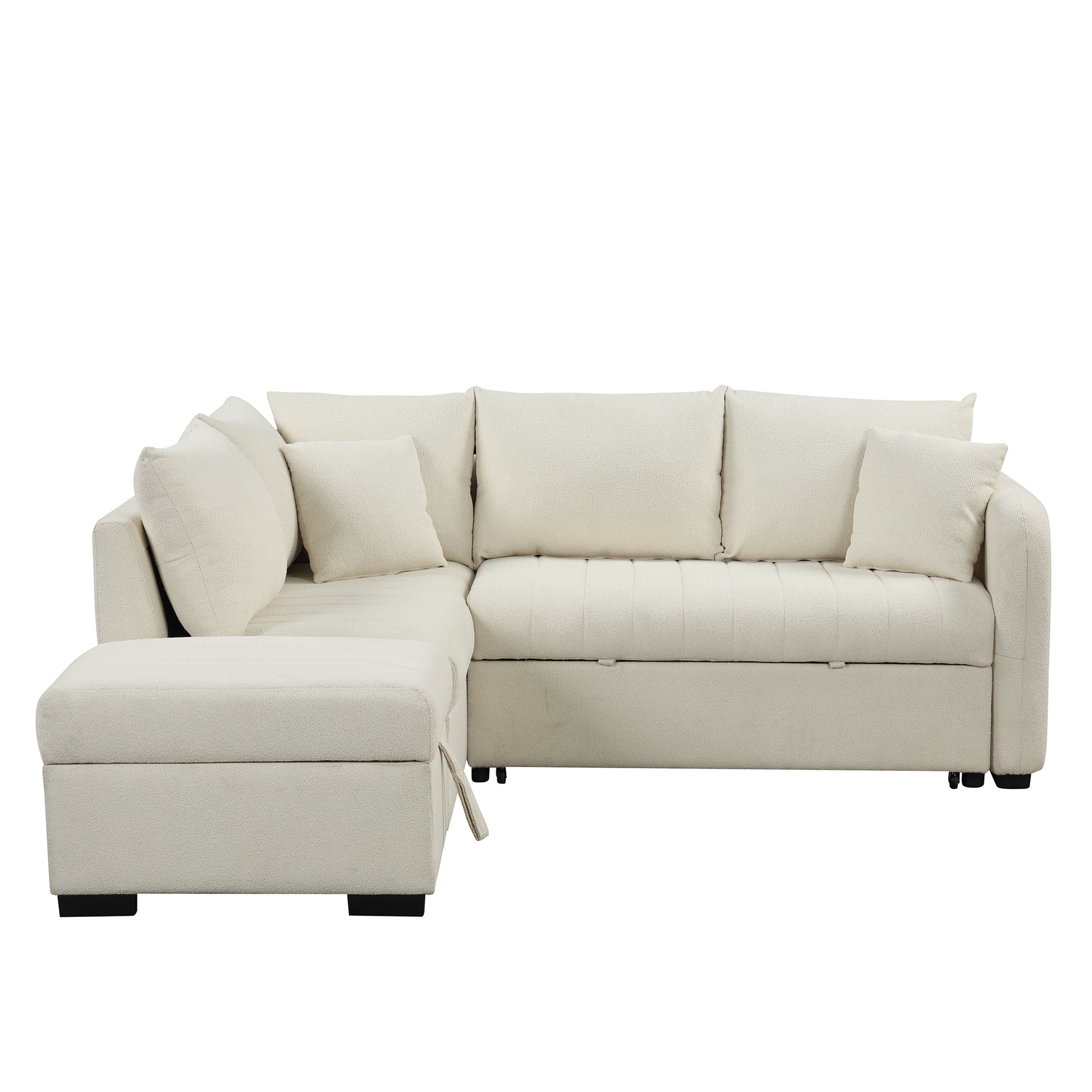 82.6" L Shaped Sectional Pull Out Sofa Bed Sleeper Sofa With Two Usb Ports, Two Power Sockets And A Movable Storage Ottoman, Beige Beige Foam Polyester