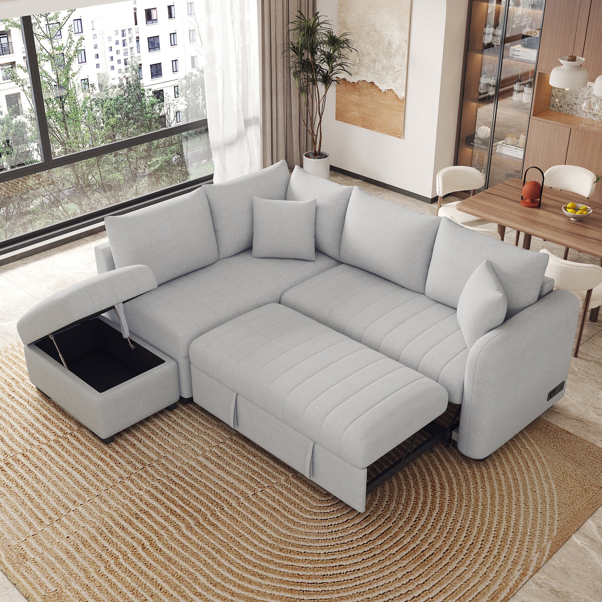 82.6" L Shaped Sectional Pull Out Sofa Bed Sleeper Sofa With Two Usb Ports, Two Power Sockets And A Movable Storage Ottoman, Gray Gray Foam Polyester