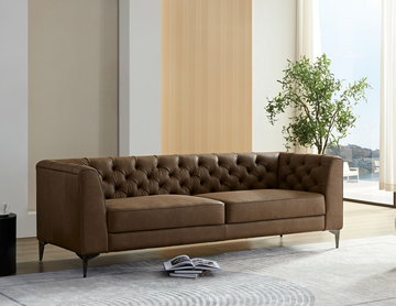 Wks5B Brown Leather Sofa With Iron Feet, Retro Design Brown Leather 3 Seat