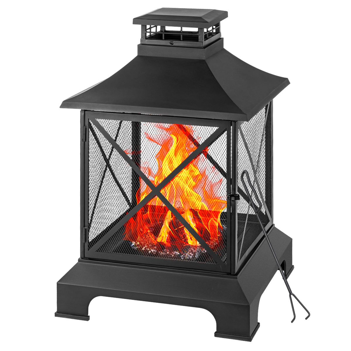 24" Pagoda Style Steel Wood Burning Fire Pit With Log Grate And Poker Black High Temperature Paint Finish Black Steel