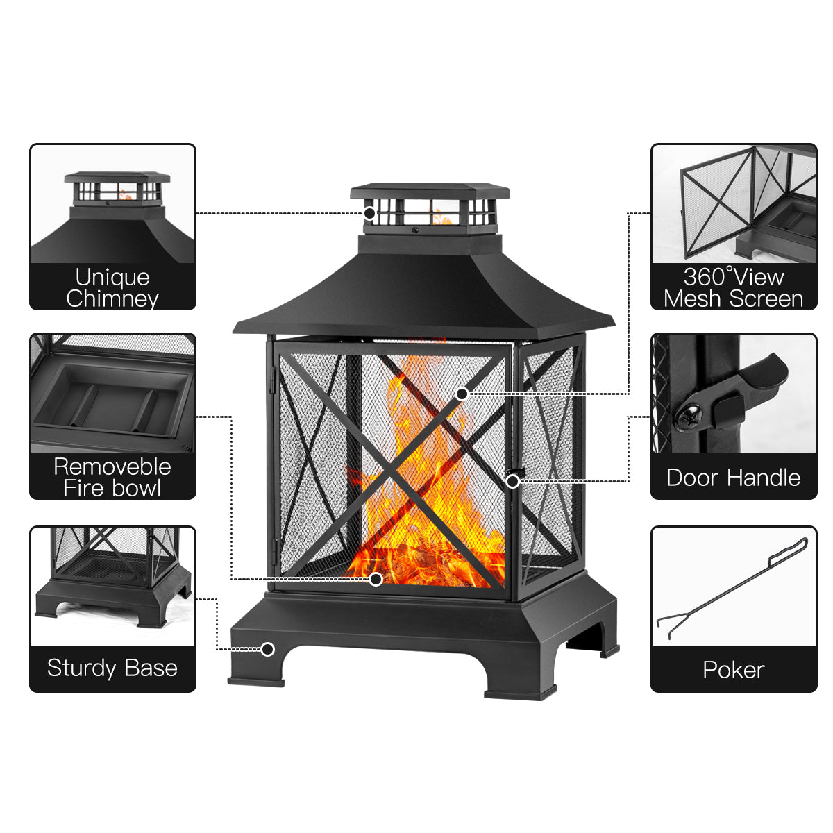 24" Pagoda Style Steel Wood Burning Fire Pit With Log Grate And Poker Black High Temperature Paint Finish Black Steel