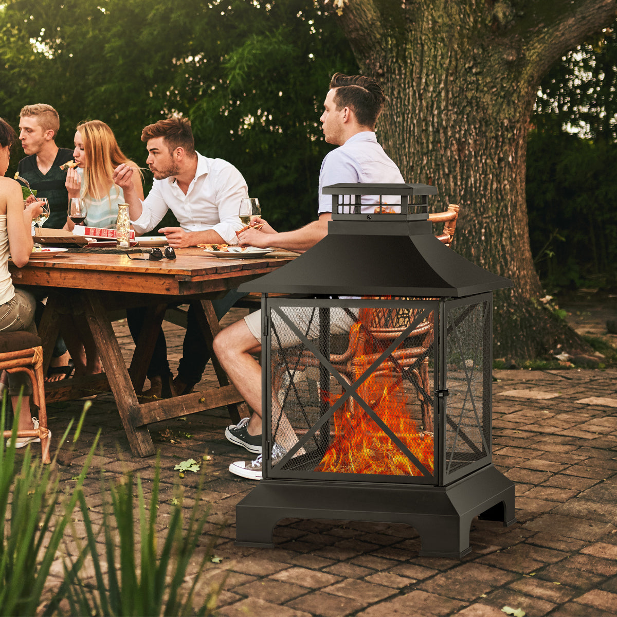 24" Pagoda Style Steel Wood Burning Fire Pit With Log Grate And Poker Black High Temperature Paint Finish Black Steel