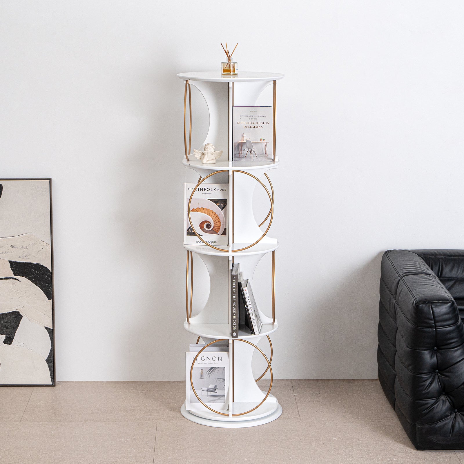 Display Shelf,4 Tier Floor Standing Organizer,Modern Style,360 Rotation,Stable And Solid,Holds Books And Displays,Suitable For Living Room And Bedroom 4 White White Corner Primary Living Space Open Back Wood Modern Mdf