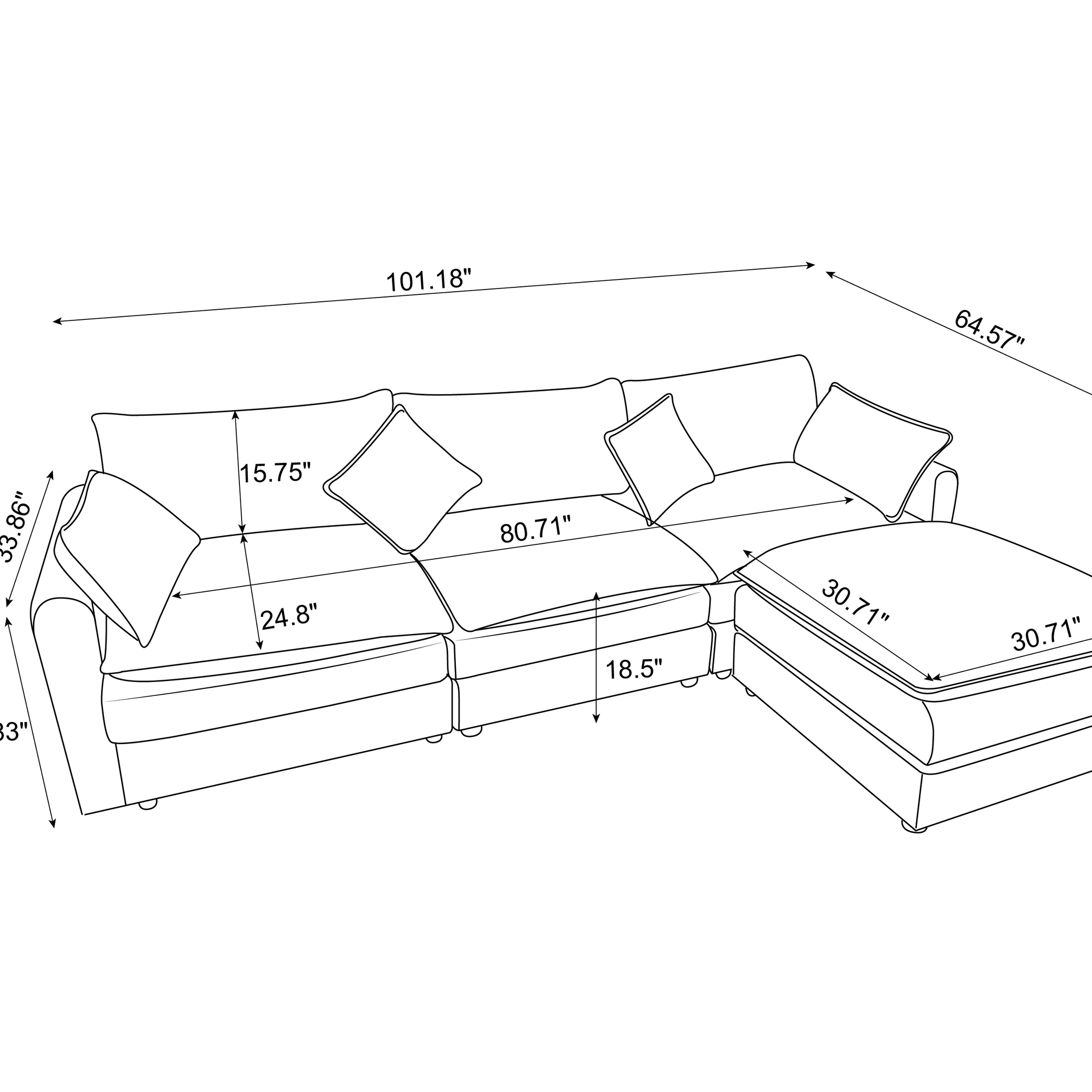 Modular Sectional Sofa, 100.39" X 34.65" 3 Seater Sofa With Ottoman, Modern L Shaped Sofa For Living Room Bedroom Apartment Beige Wood Fabric