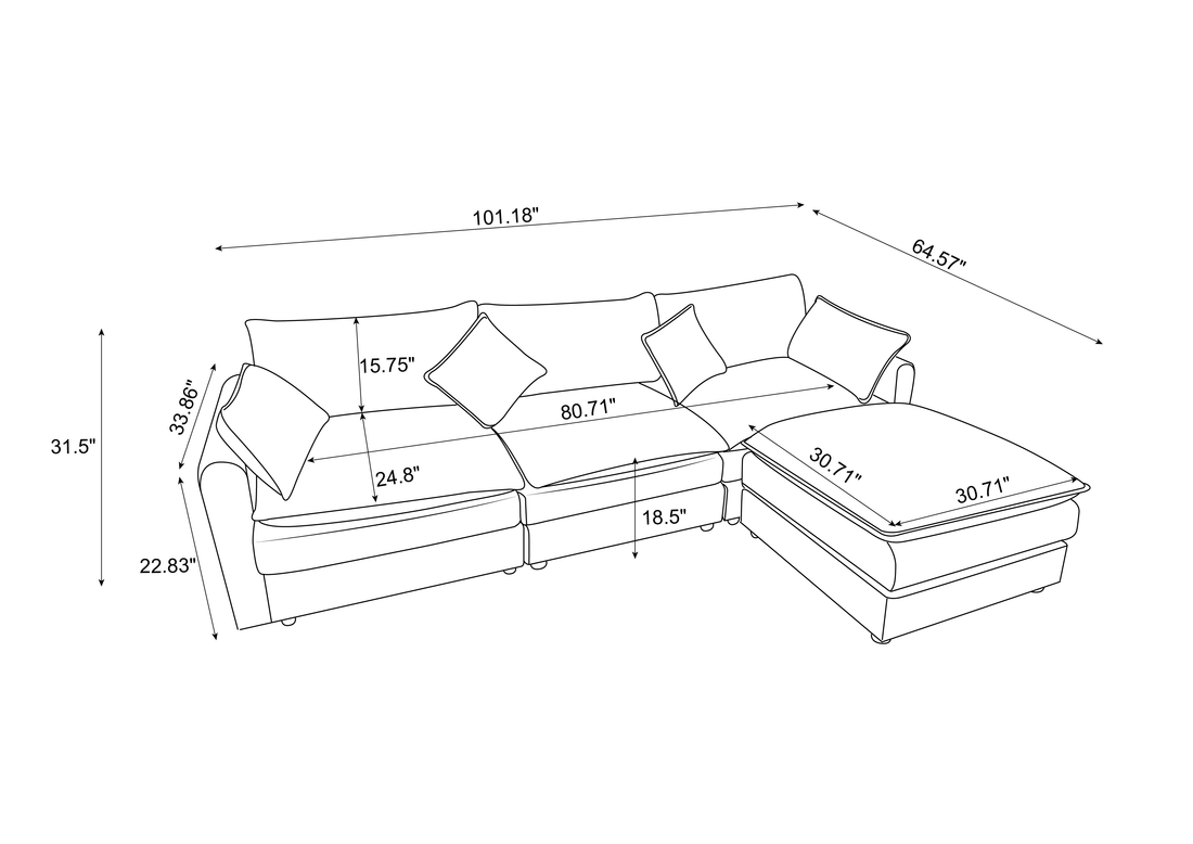 Modular Sectional Sofa, 100.39" X 34.65" 3 Seater Sofa With Ottoman, Modern L Shaped Sofa For Living Room Bedroom Apartment Beige Wood Fabric