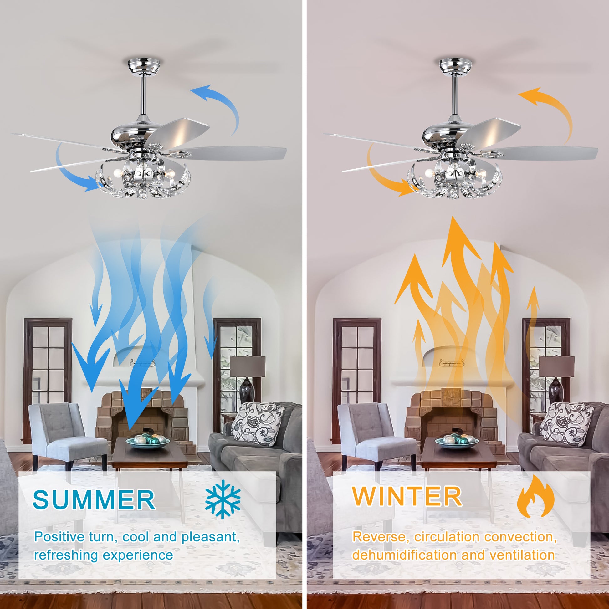 52" Crystal Ceiling Fan With 5 Reversible Blades Light Kit And Remote Control, 3 Speed High, Mid,Low Adjustable For Living Room, Bedroom, Kitchen Chrome American Traditional,Classic,Contemporary Crystal Metal