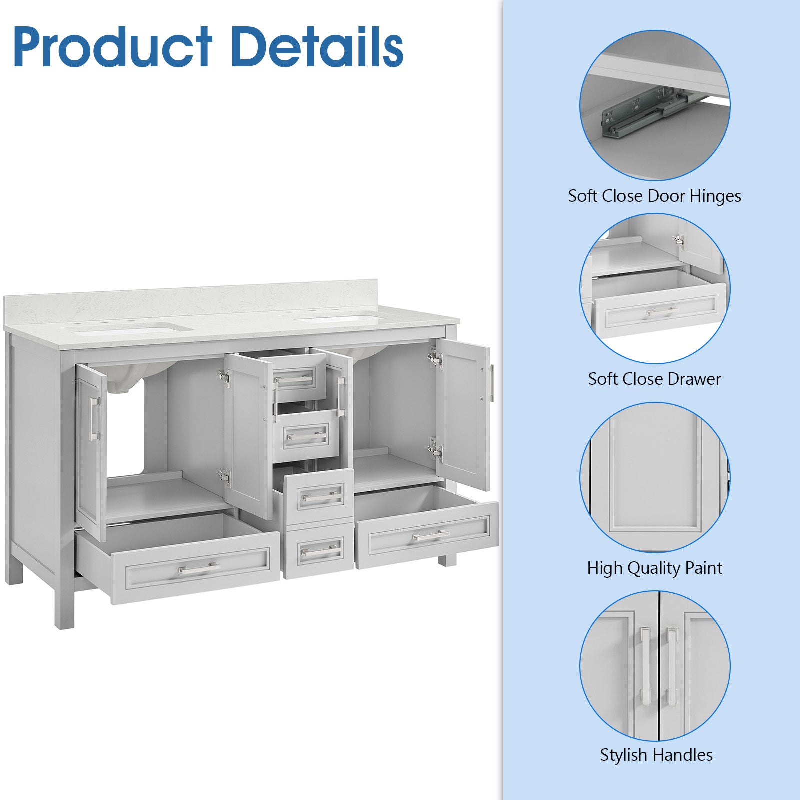 60 In Undermount Double Sinks Bathroom Storage Cabinet With Engineered Carrara Marble Top 4 Light Gray 4 Soft Close Doors Bathroom Freestanding Mdf Painted
