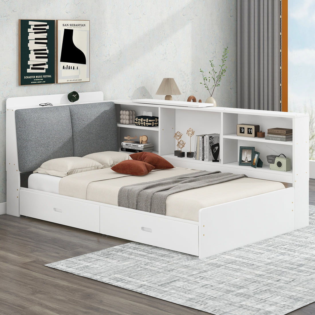 Wood Twin Size Platform Bed With Storage Headboard, Shelves And 2 Drawers, White Box Spring Not Required Twin White Wood Bedroom Bed Frame Solid Wood Mdf