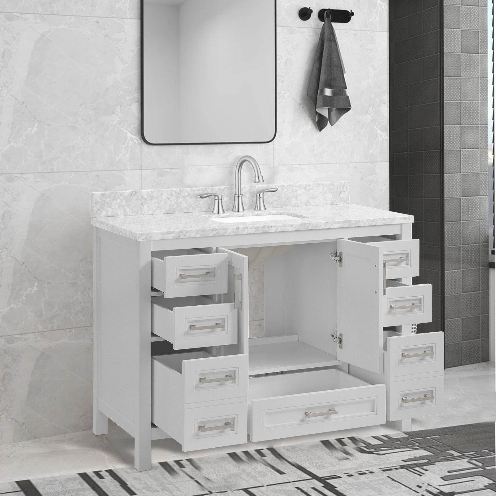 48 In Undermount Single Sink Bathroom Storage Cabinet With Carrara Natural Marble Top 4 Light Gray 2 Soft Close Doors Bathroom Freestanding Mdf Painted