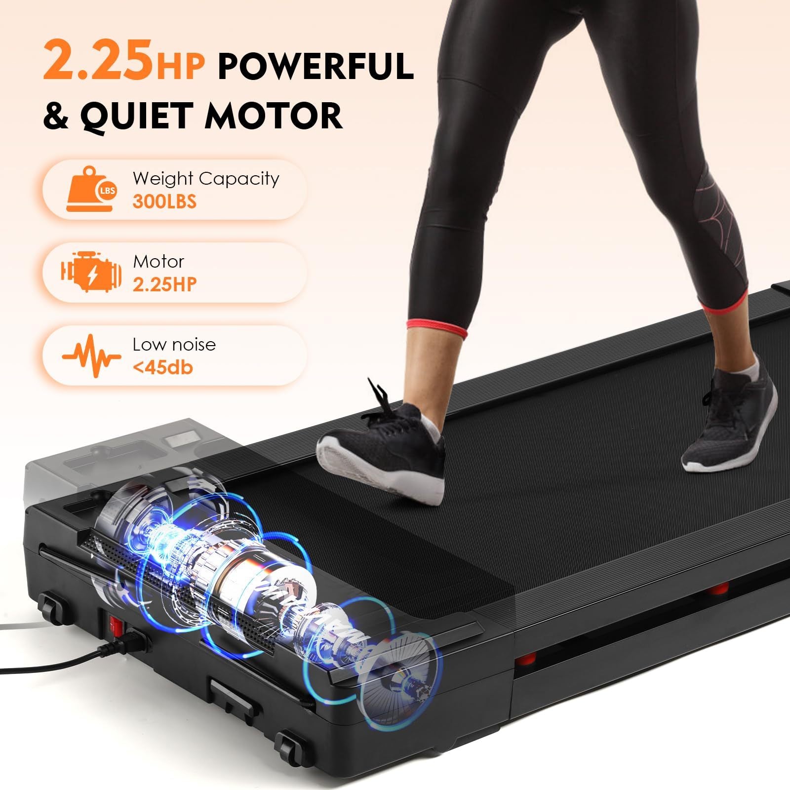 Under Desk Treadmill, Incline Walking Pad Treadmill For Home Office Use, 2.25Hp Quiet Treadmill For Walking And Jogging Indoor Fitness Black Durable Office Modern Body Building Iron Plastic