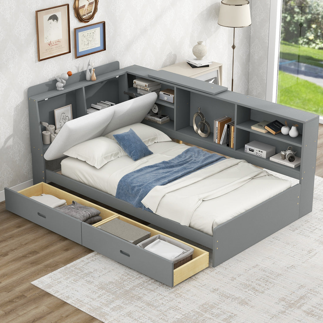 Wood Twin Size Platform Bed With Storage Headboard, Shelves And 2 Drawers, Gray Box Spring Not Required Twin Antique Gray Wood Bedroom Bed Frame Solid Wood Mdf