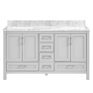 60 In Undermount Double Sinks Bathroom Storage Cabinet With Carrara Natural Marble Top Light Gray 4 Soft Close Doors Bathroom Freestanding Mdf Painted