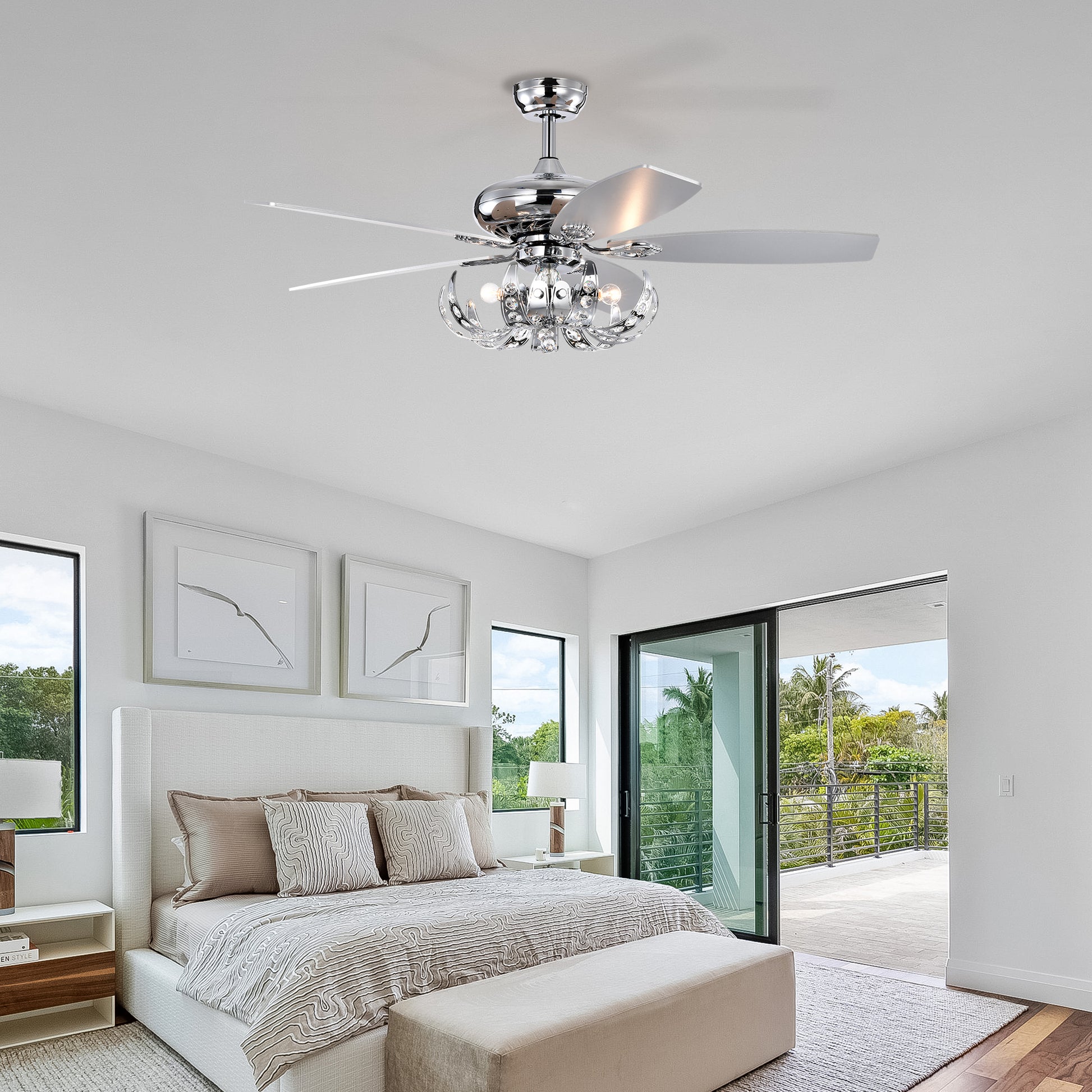 52" Crystal Ceiling Fan With 5 Reversible Blades Light Kit And Remote Control, 3 Speed High, Mid,Low Adjustable For Living Room, Bedroom, Kitchen Chrome American Traditional,Classic,Contemporary Crystal Metal