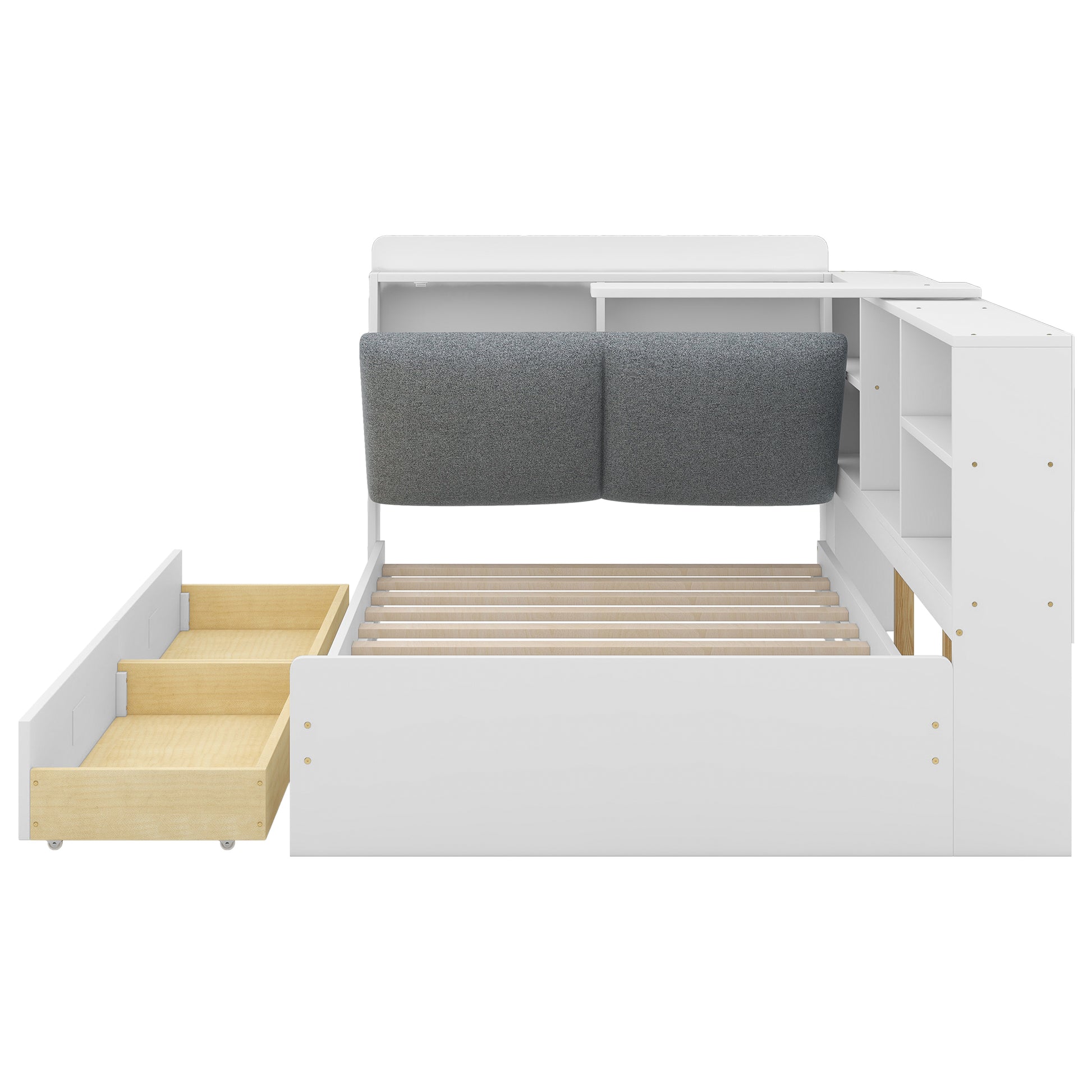 Wood Twin Size Platform Bed With Storage Headboard, Shelves And 2 Drawers, White Box Spring Not Required Twin White Wood Bedroom Bed Frame Solid Wood Mdf