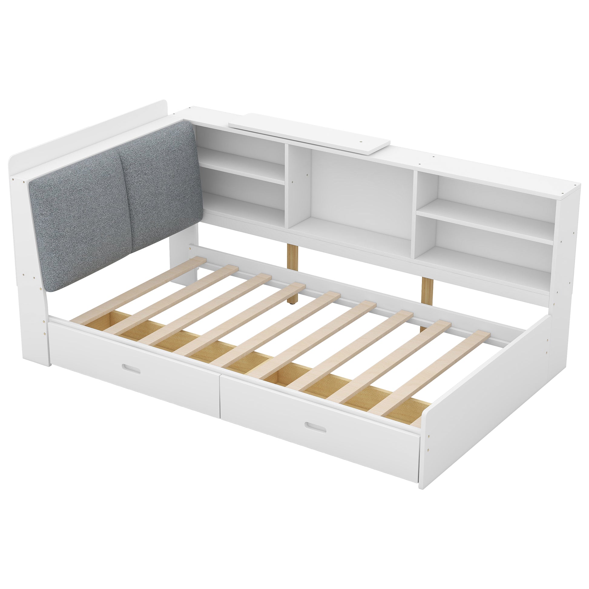 Wood Twin Size Platform Bed With Storage Headboard, Shelves And 2 Drawers, White Box Spring Not Required Twin White Wood Bedroom Bed Frame Solid Wood Mdf