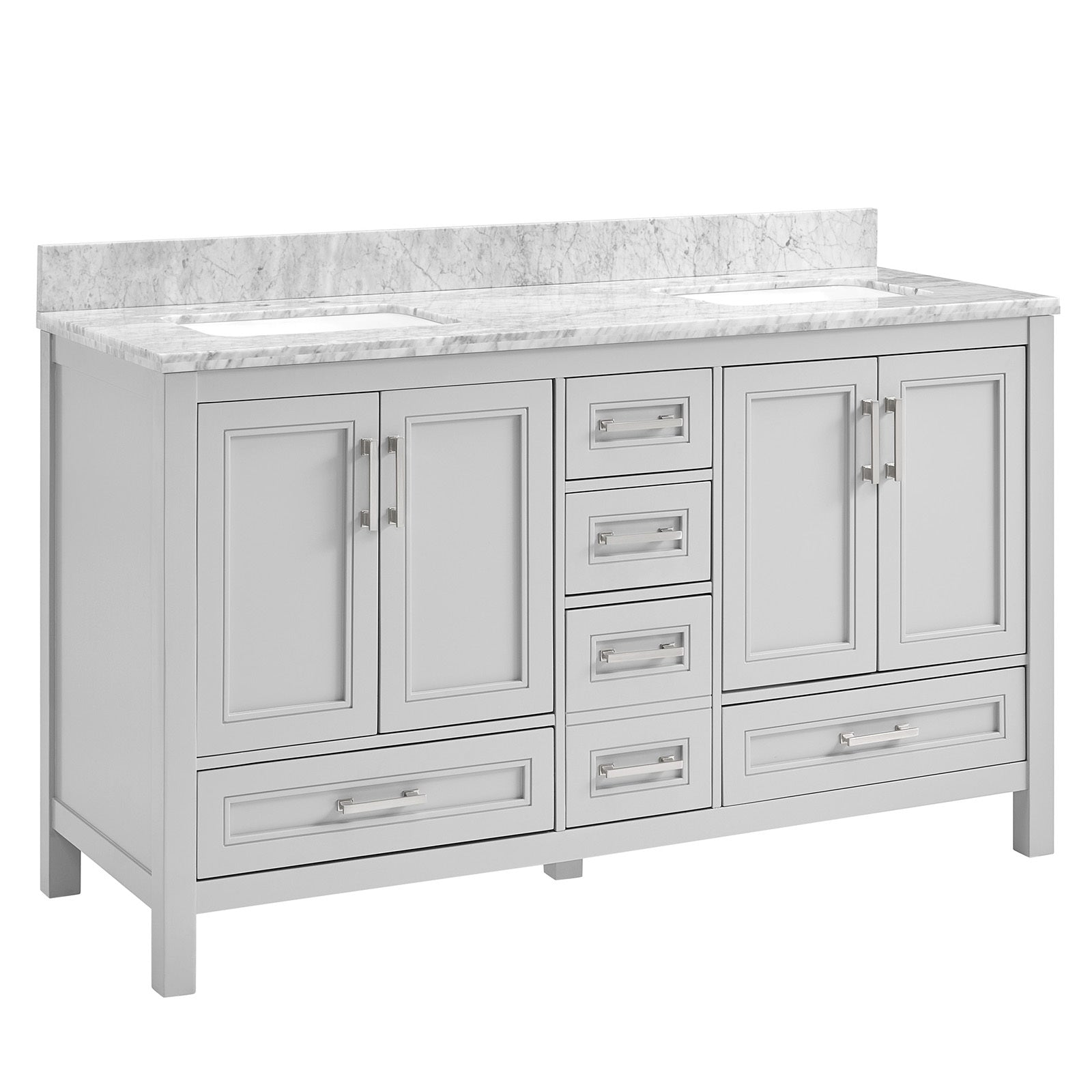 60 In Undermount Double Sinks Bathroom Storage Cabinet With Carrara Natural Marble Top Light Gray 4 Soft Close Doors Bathroom Freestanding Mdf Painted