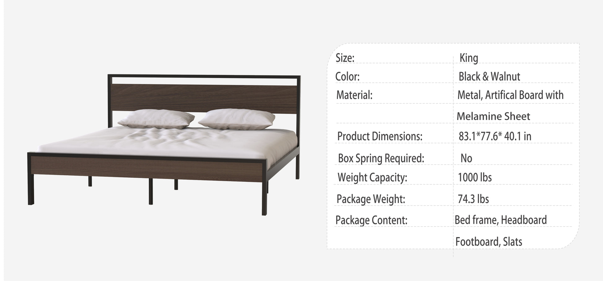 Ceres Metal Bed, Black With Walnut Wood Headboard&Footboard, King Box Spring Not Required King Black Metal Brown Bedroom Bed Frame Metal Metal