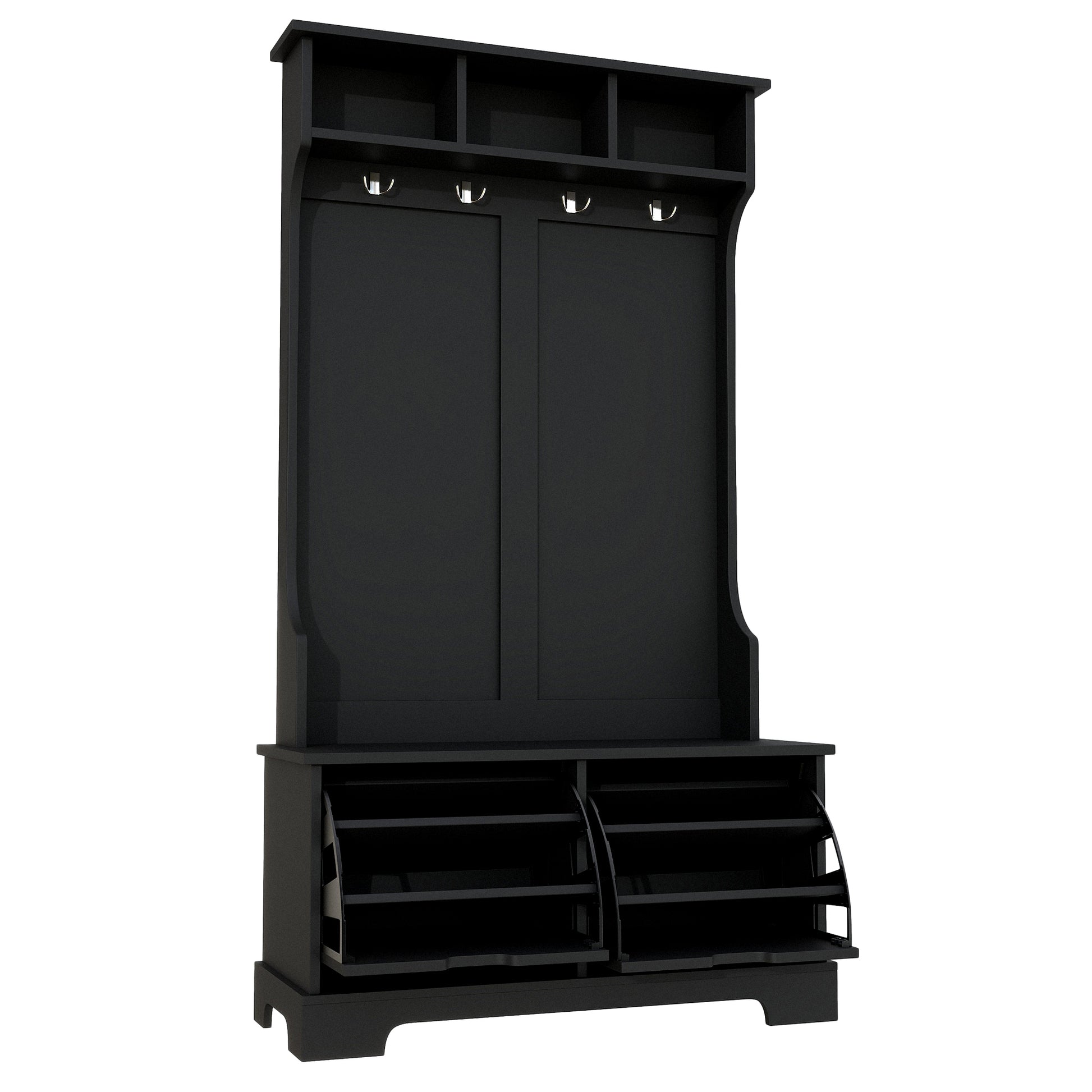 All In One Hall Tree With 3 Top Shelves And 2 Flip Shoe Storage Drawers, Wood Hallway Organizer With Storage Bench And Metal Hanging Hooks, Black Black Particle Board