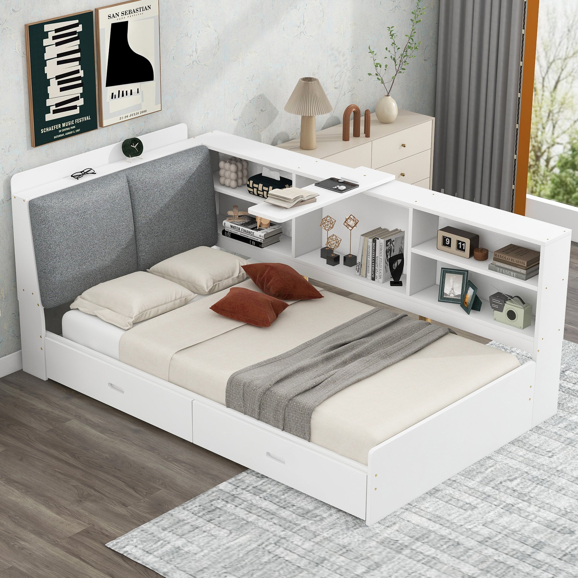 Wood Twin Size Platform Bed With Storage Headboard, Shelves And 2 Drawers, White Box Spring Not Required Twin White Wood Bedroom Bed Frame Solid Wood Mdf