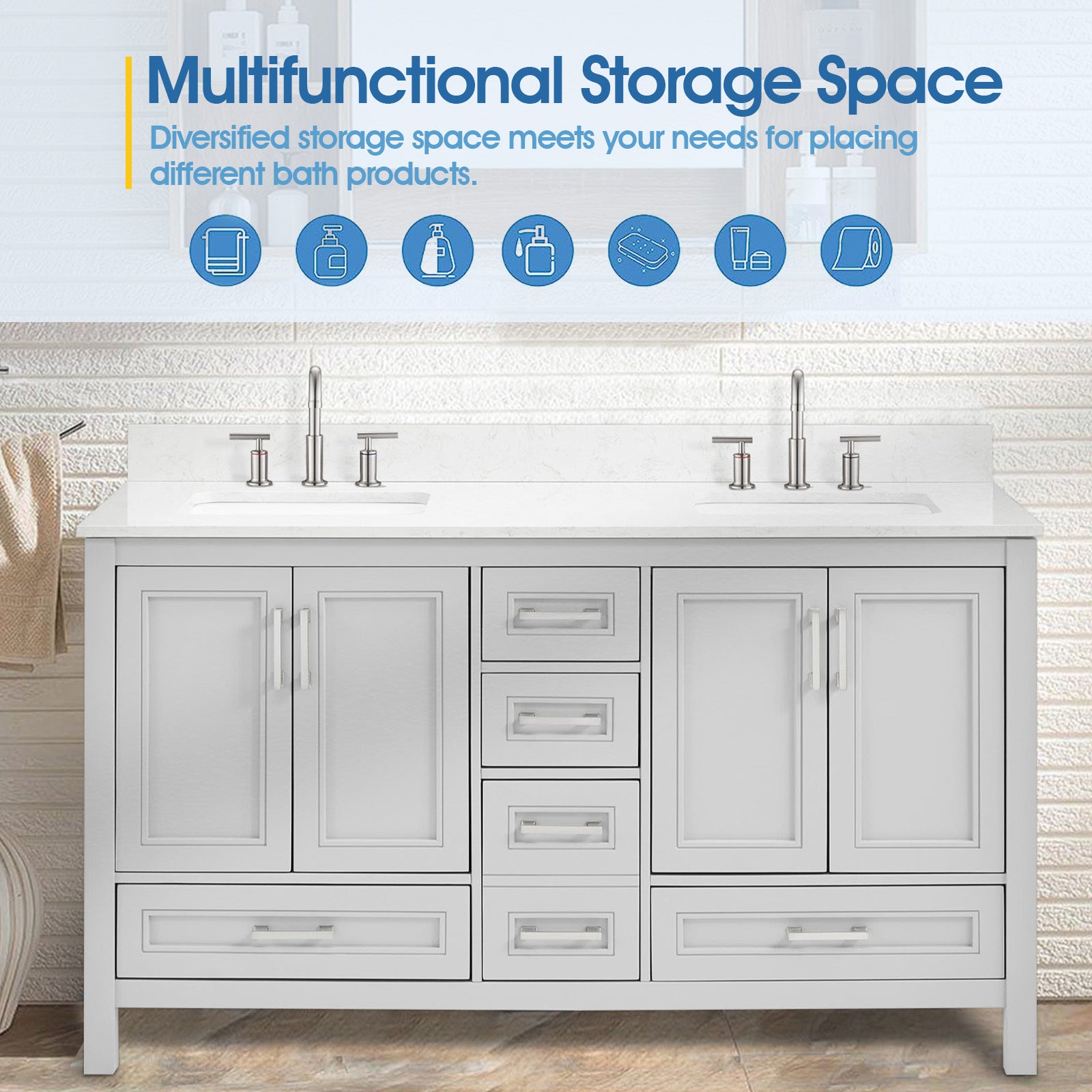 60 In Undermount Double Sinks Bathroom Storage Cabinet With Engineered Carrara Marble Top 4 Light Gray 4 Soft Close Doors Bathroom Freestanding Mdf Painted