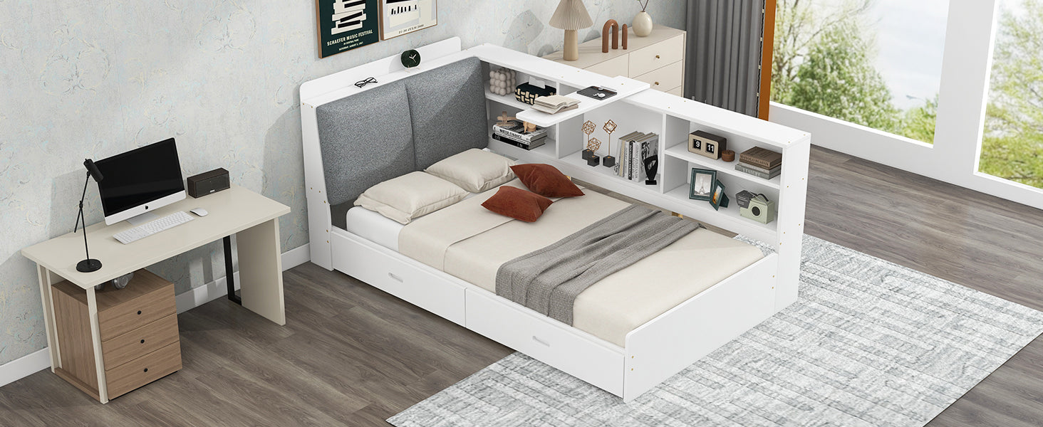 Wood Twin Size Platform Bed With Storage Headboard, Shelves And 2 Drawers, White Box Spring Not Required Twin White Wood Bedroom Bed Frame Solid Wood Mdf