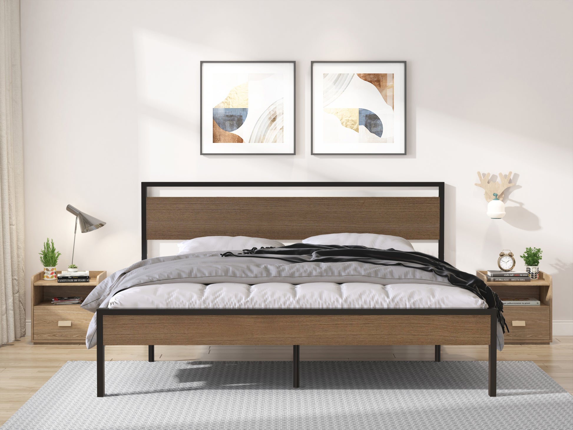 Ceres Metal Bed, Black With Cinnamon Wood Headboard&Footboard, King Box Spring Not Required King Black Metal Brown Bedroom Bed Frame Metal Metal