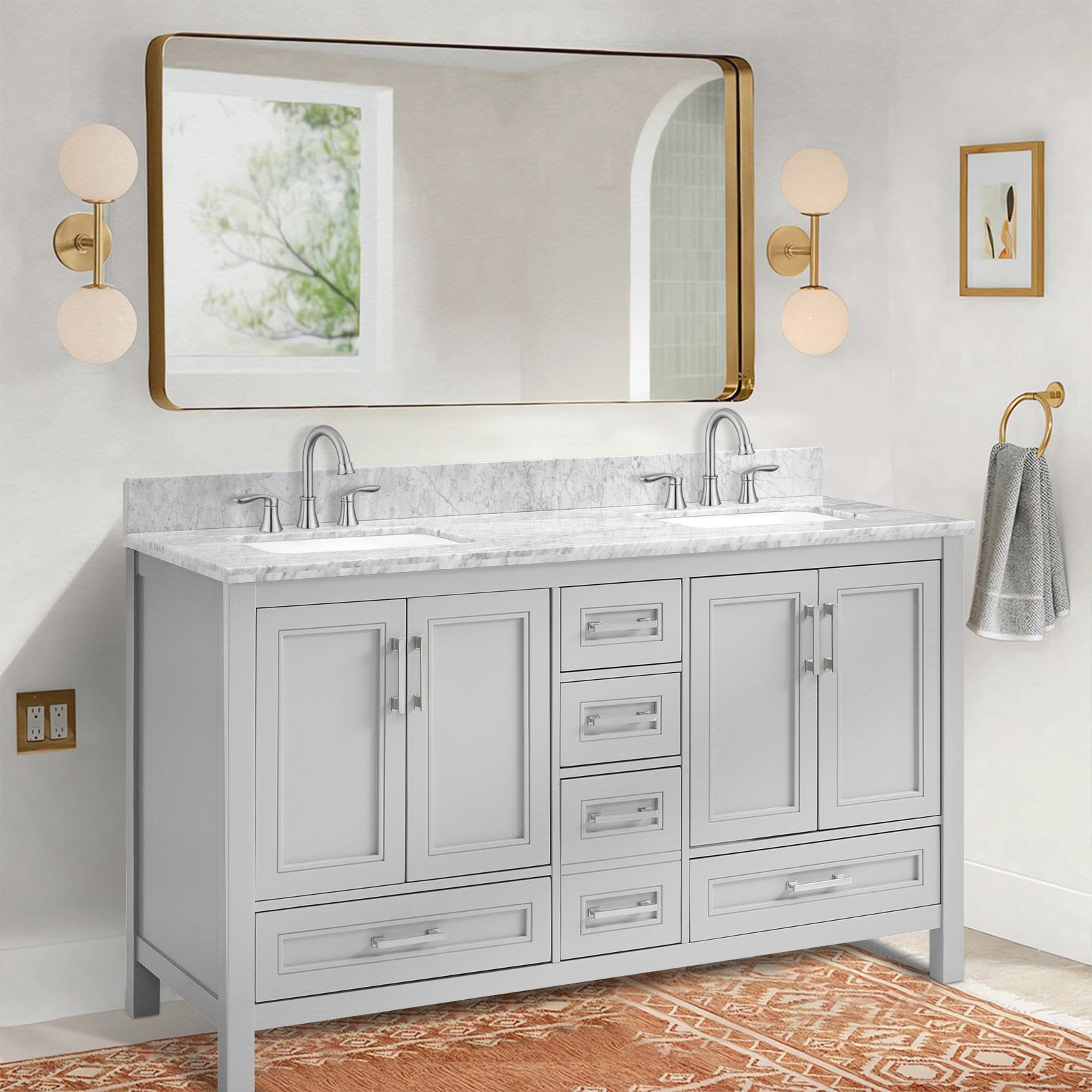 60 In Undermount Double Sinks Bathroom Storage Cabinet With Carrara Natural Marble Top Light Gray 4 Soft Close Doors Bathroom Freestanding Mdf Painted