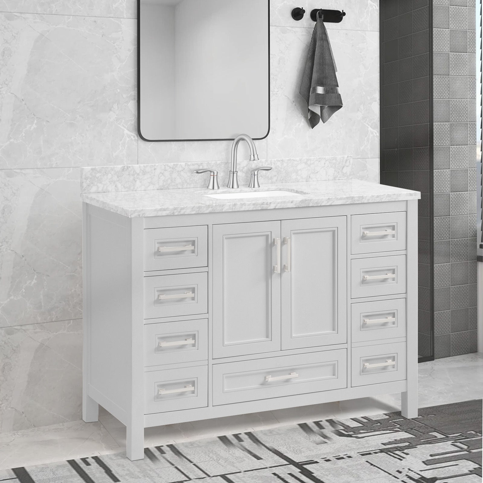 48 In Undermount Single Sink Bathroom Storage Cabinet With Carrara Natural Marble Top 4 Light Gray 2 Soft Close Doors Bathroom Freestanding Mdf Painted