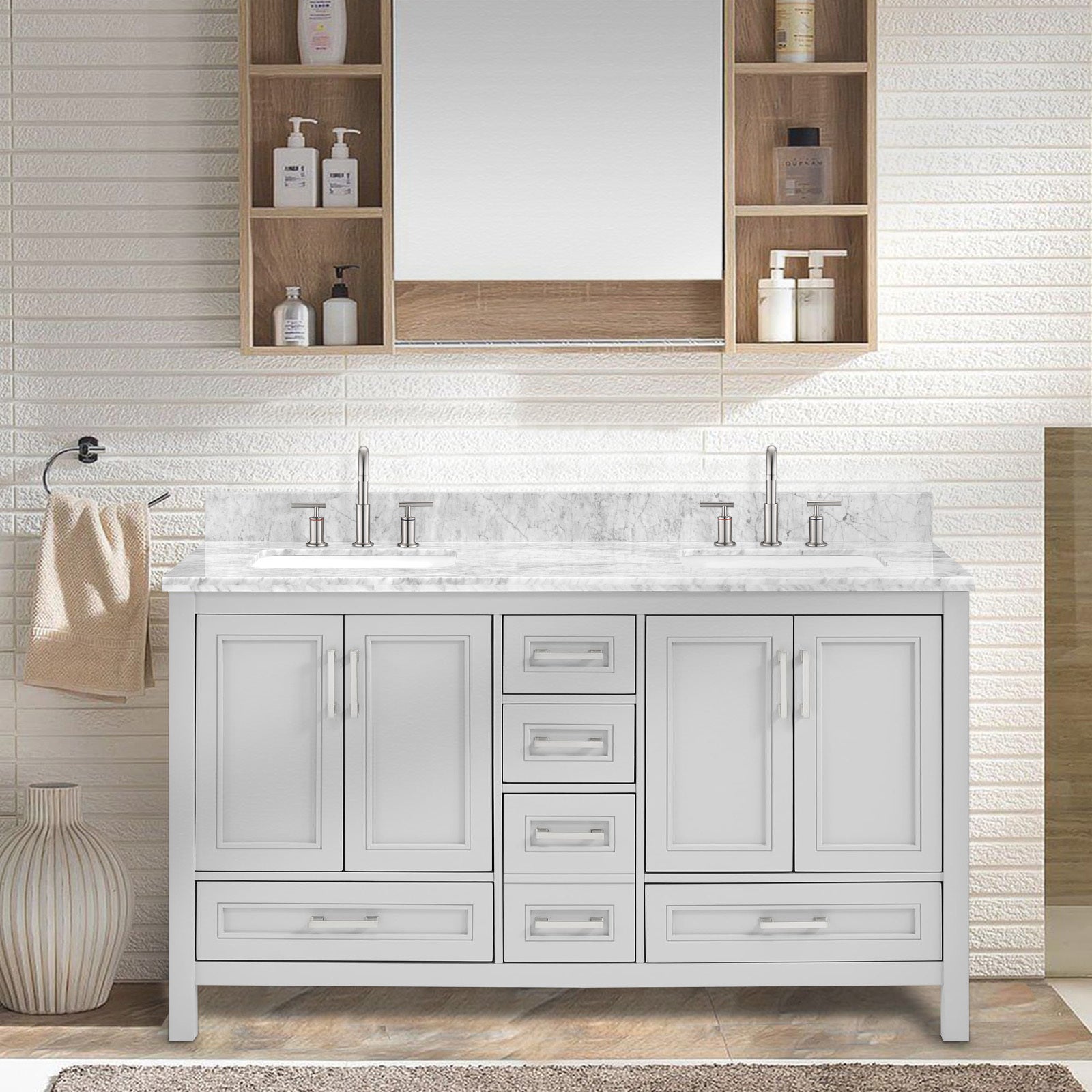 60 In Undermount Double Sinks Bathroom Storage Cabinet With Carrara Natural Marble Top Light Gray 4 Soft Close Doors Bathroom Freestanding Mdf Painted