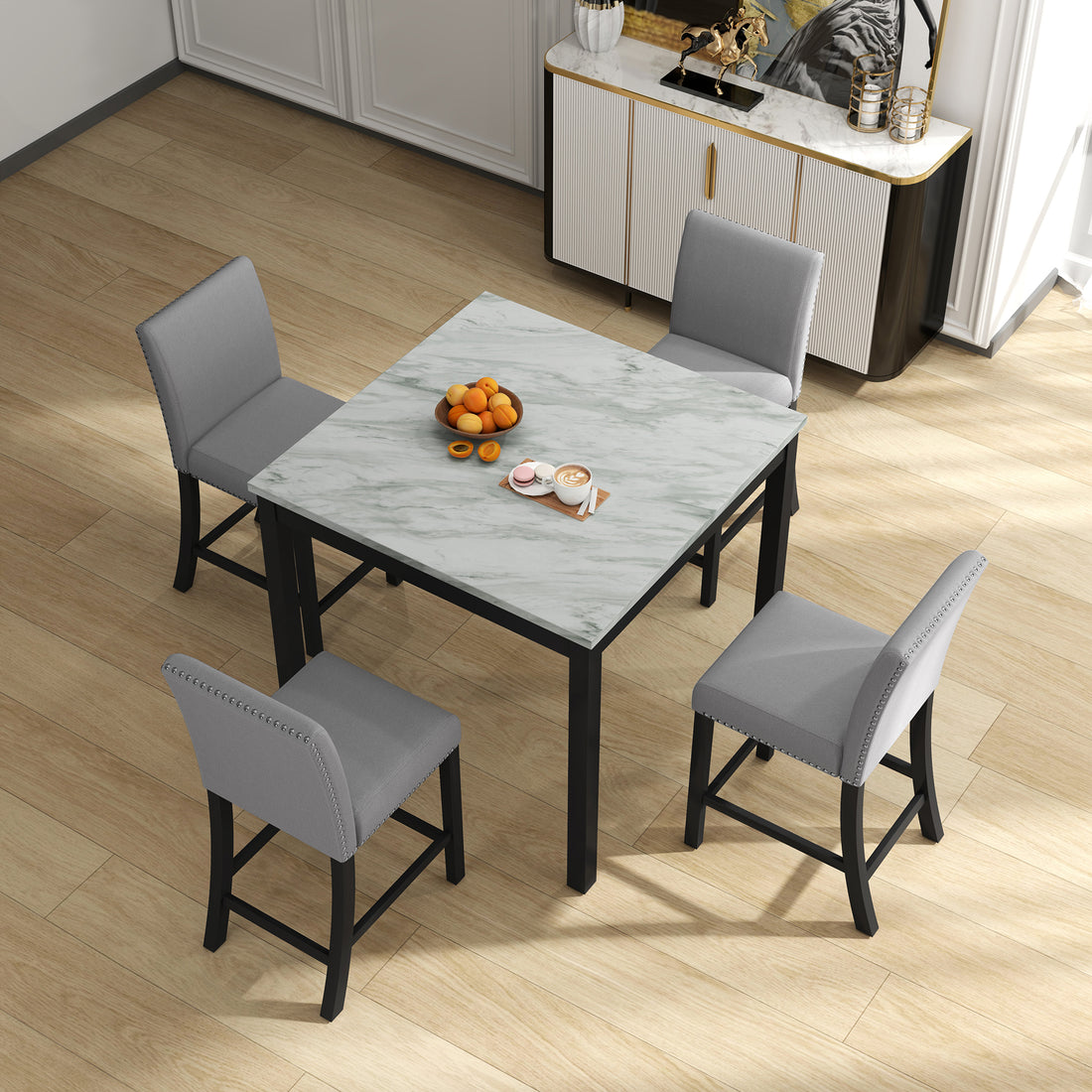 5 Piece Dining Table And Chair Set, Wooden Dining Table And Chair With 4 Chairs For Small Spaces, Modern Square Counter Height Dining Table, Compact Mid Century Modern Home Table And Chair Set, Uphols Black Gray Solid Wood Mdf