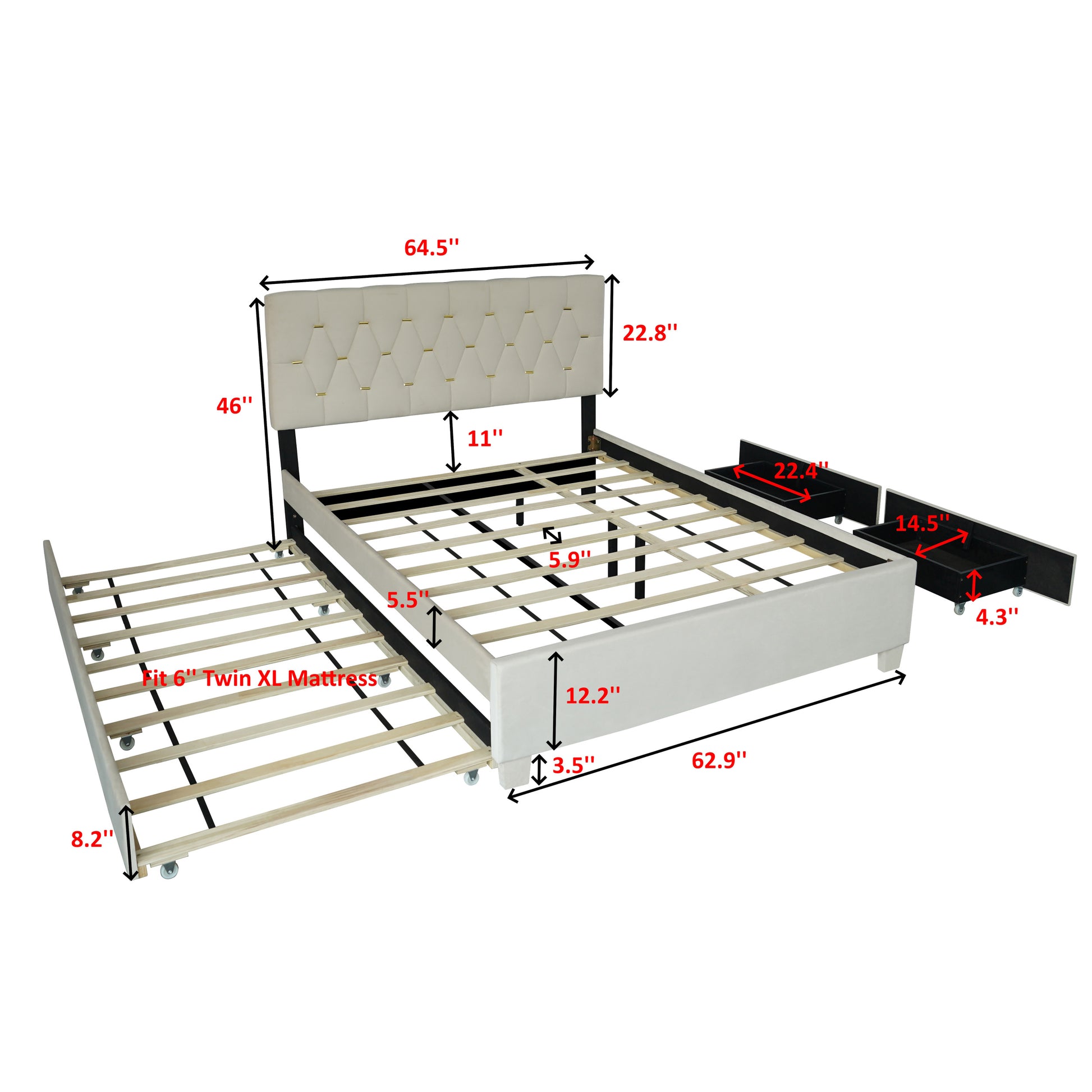 Beige Queen Size Trundle Pull Out Drawers Storage Upholstered Bed Modern Design No Box Spring Required Box Spring Not Required Queen Beige Wood Espresso Bedroom American Design,Casual,Cute,Modern Rubberwood Trundle Bed Included Fiber Foam And Polyester