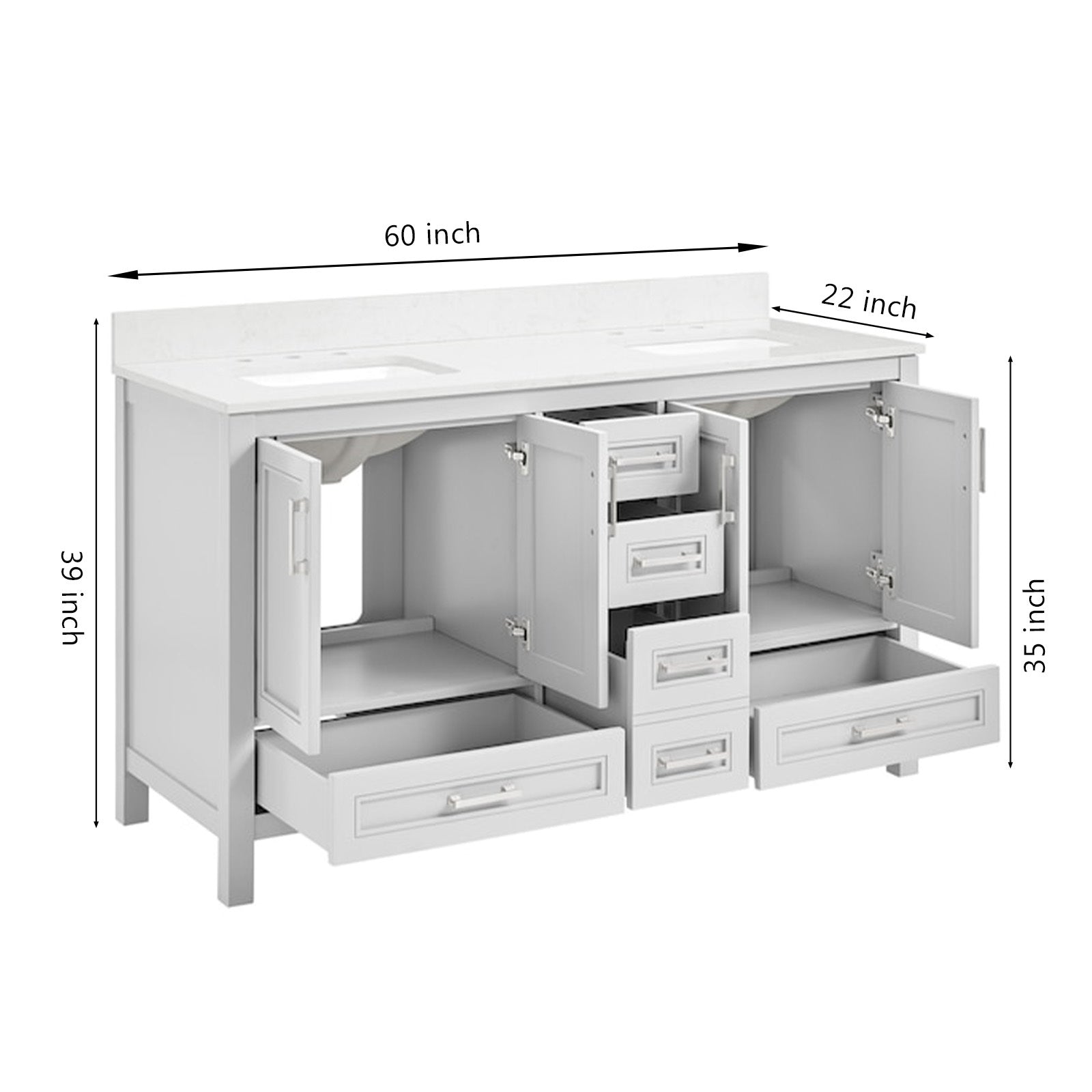 60 In Undermount Double Sinks Bathroom Storage Cabinet With Engineered Carrara Marble Top 4 Light Gray 4 Soft Close Doors Bathroom Freestanding Mdf Painted