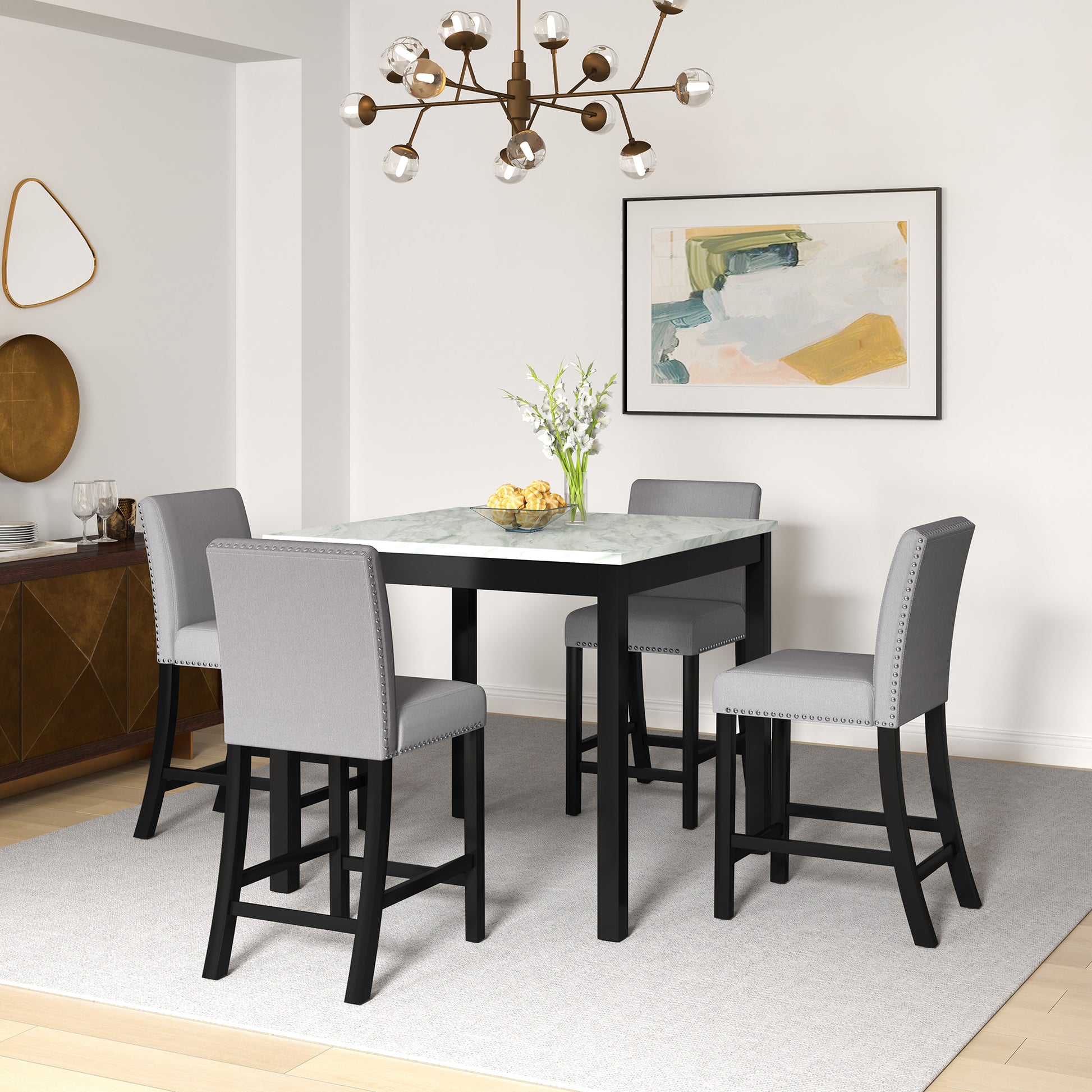 5 Piece Dining Table And Chair Set, Wooden Dining Table And Chair With 4 Chairs For Small Spaces, Modern Square Counter Height Dining Table, Compact Mid Century Modern Home Table And Chair Set, Uphols Black Gray Solid Wood Mdf