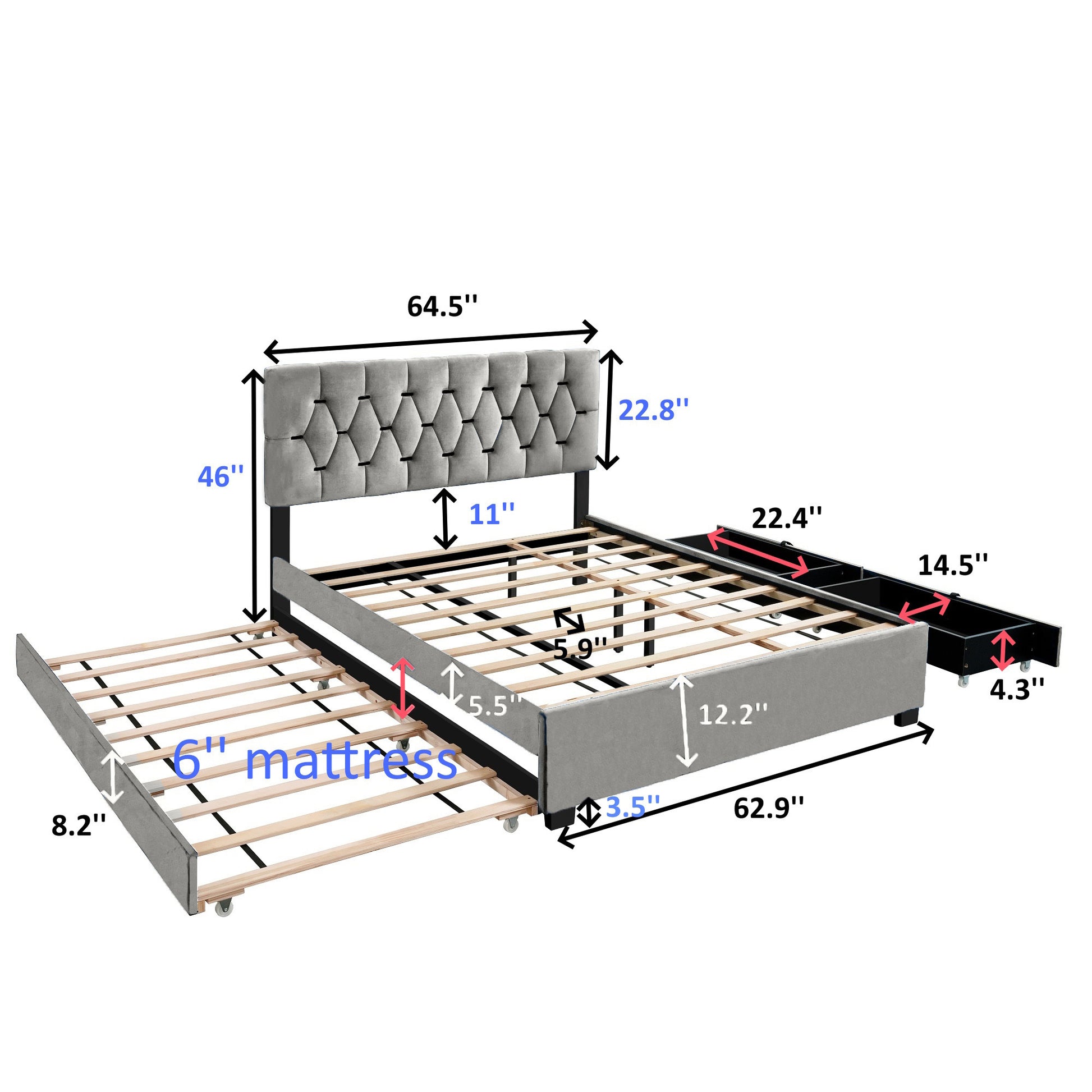 Gray Queen Size Trundle Pull Out Drawers Storage Upholstered Bed Modern Design No Box Spring Required Box Spring Not Required Queen Gray Wood Espresso Bedroom American Design,Casual,Contemporary,Modern Rubberwood Trundle Bed Included Fiber Foam And
