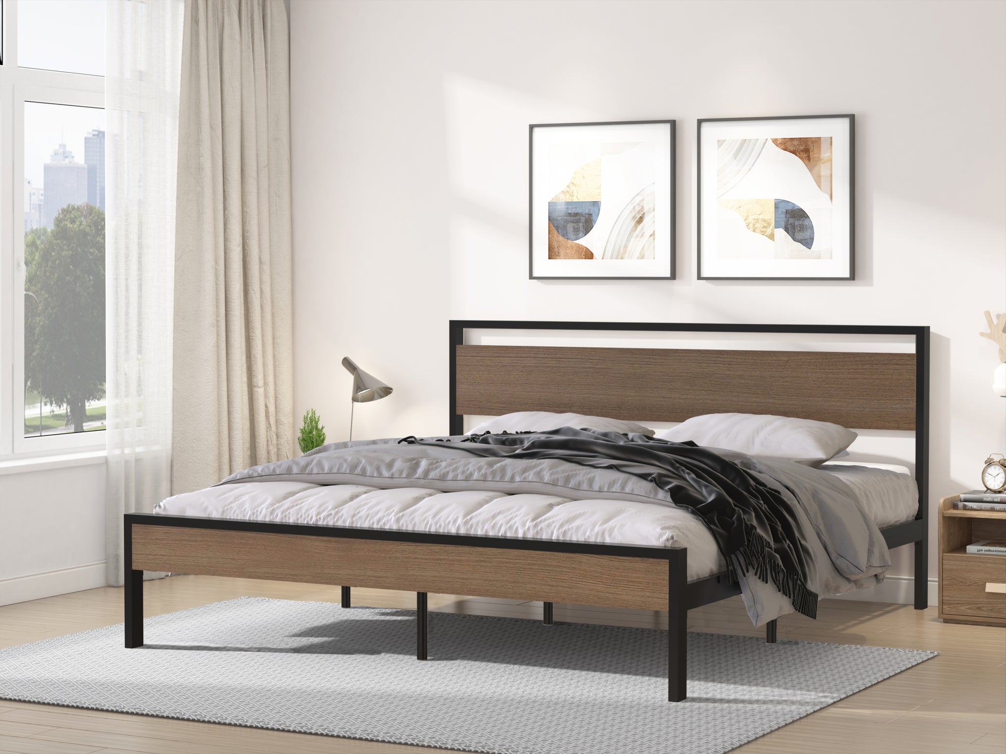 Ceres Metal Bed, Black With Cinnamon Wood Headboard&Footboard, King Box Spring Not Required King Black Metal Brown Bedroom Bed Frame Metal Metal