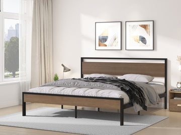 Ceres Metal Bed, Black With Cinnamon Wood Headboard&Footboard, King Box Spring Not Required King Black Metal Brown Bedroom Bed Frame Metal Metal