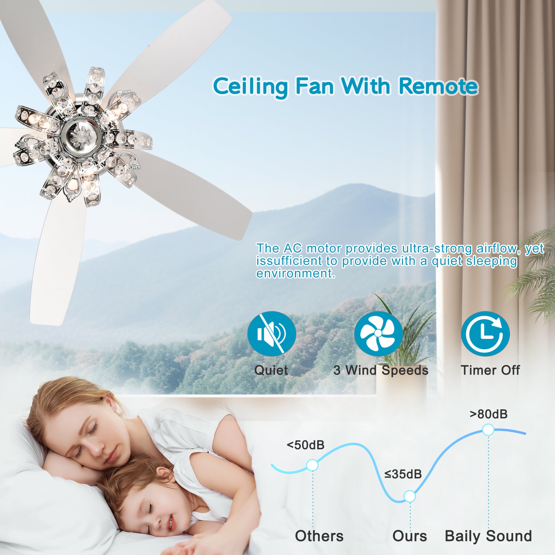 52" Crystal Ceiling Fan With 5 Reversible Blades Light Kit And Remote Control, 3 Speed High, Mid,Low Adjustable For Living Room, Bedroom, Kitchen Chrome American Traditional,Classic,Contemporary Crystal Metal