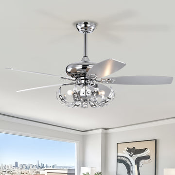 52" Crystal Ceiling Fan With 5 Reversible Blades Light Kit And Remote Control, 3 Speed High, Mid,Low Adjustable For Living Room, Bedroom, Kitchen Chrome American Traditional,Classic,Contemporary Crystal Metal