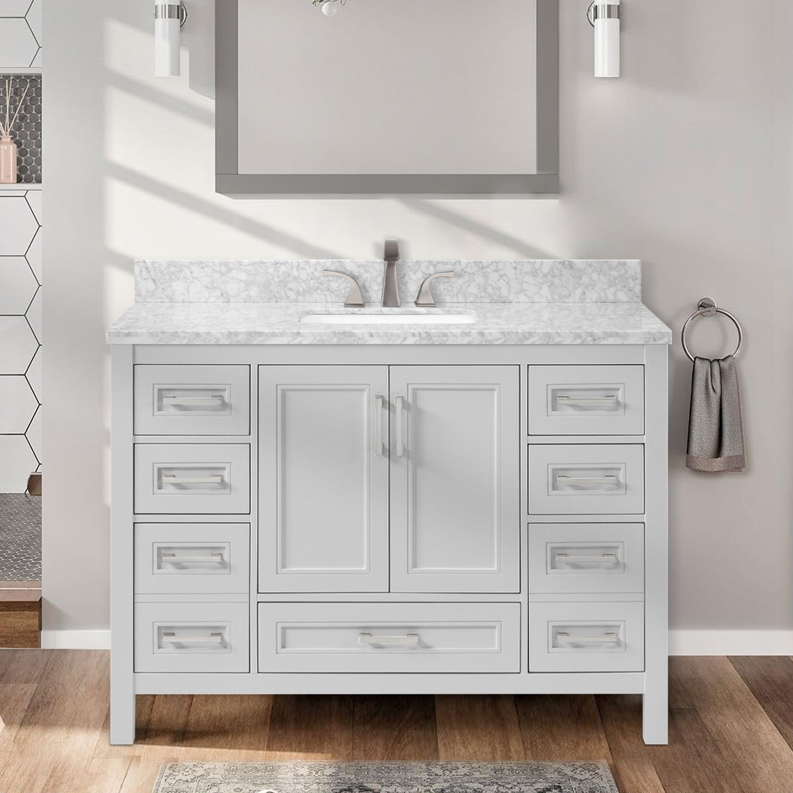 48 In Undermount Single Sink Bathroom Storage Cabinet With Carrara Natural Marble Top 4 Light Gray 2 Soft Close Doors Bathroom Freestanding Mdf Painted