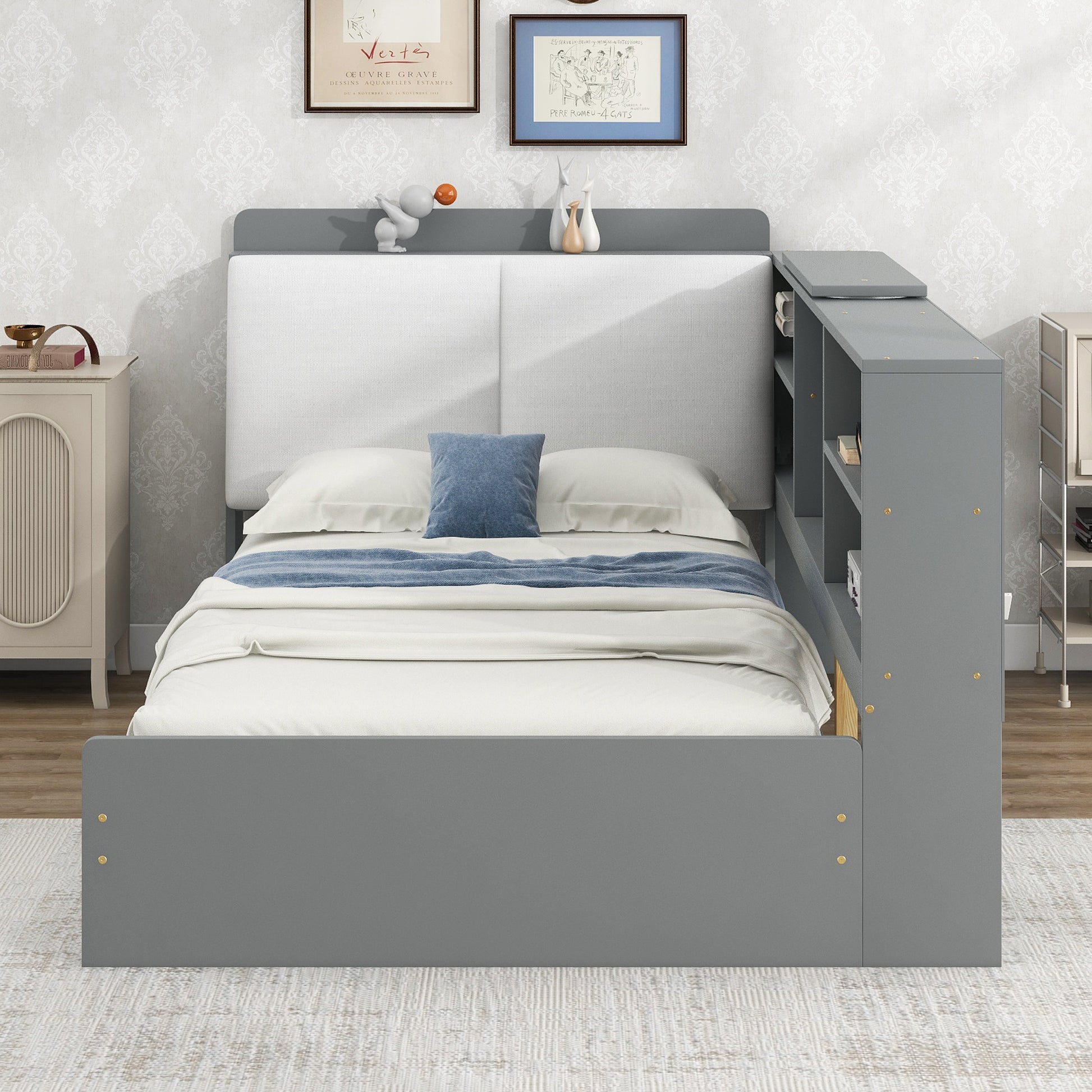 Wood Twin Size Platform Bed With Storage Headboard, Shelves And 2 Drawers, Gray Box Spring Not Required Twin Antique Gray Wood Bedroom Bed Frame Solid Wood Mdf