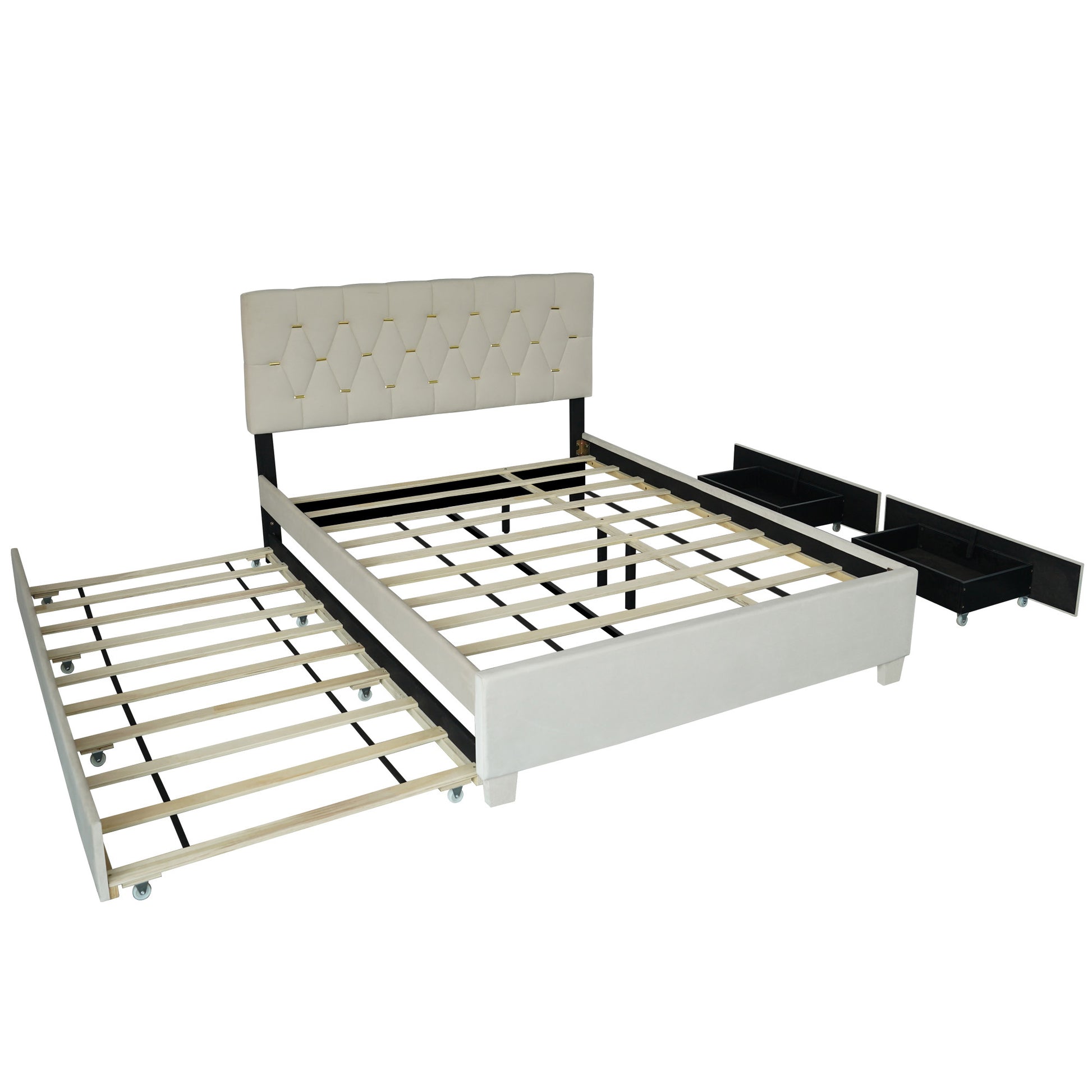 Beige Queen Size Trundle Pull Out Drawers Storage Upholstered Bed Modern Design No Box Spring Required Box Spring Not Required Queen Beige Wood Espresso Bedroom American Design,Casual,Cute,Modern Rubberwood Trundle Bed Included Fiber Foam And Polyester