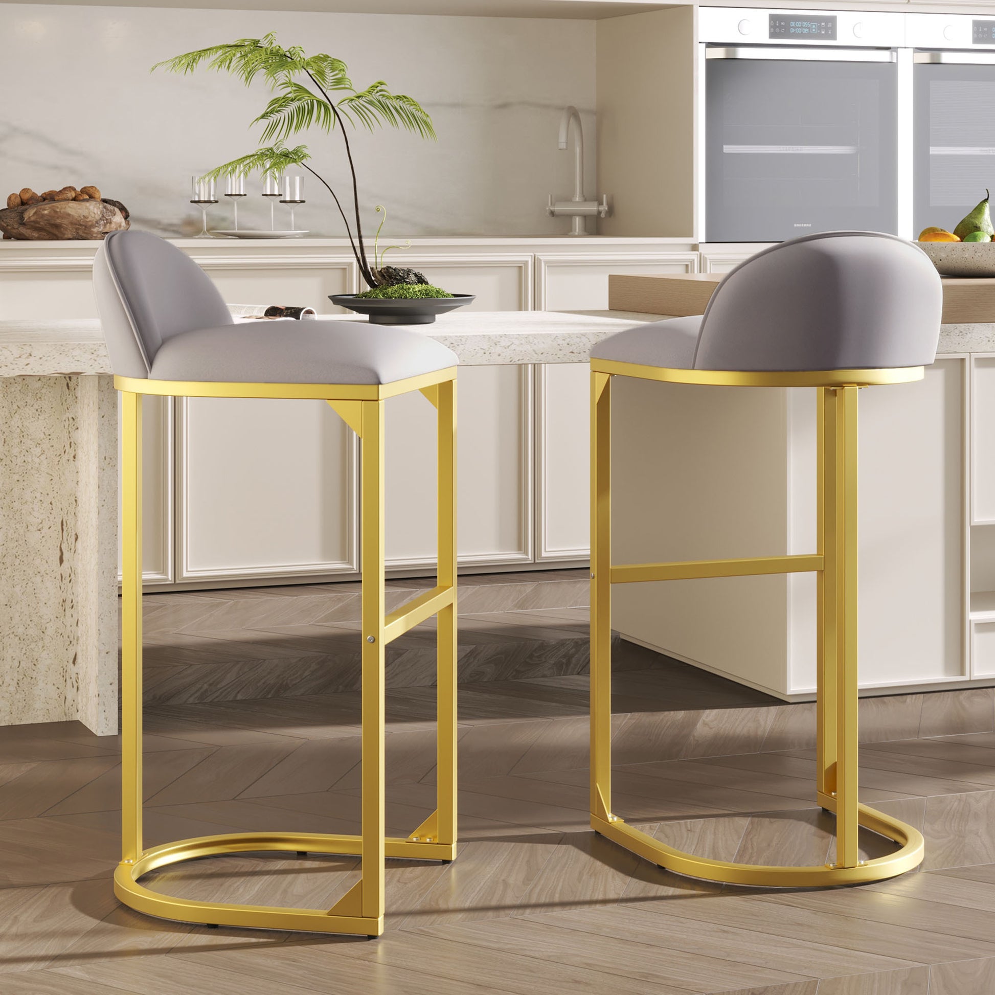 30" Counter Height Bar Stools Set Of 2, Bar Stools With Back And Gold Metal Frame, Modern Luxury Bar Stools With Footrest, Upholstered Velvet Counter Stool Chairs For Kitchen Island Metal Grey Gold Dining Room Powder Coated Sponge Wipe Clean Rectangular