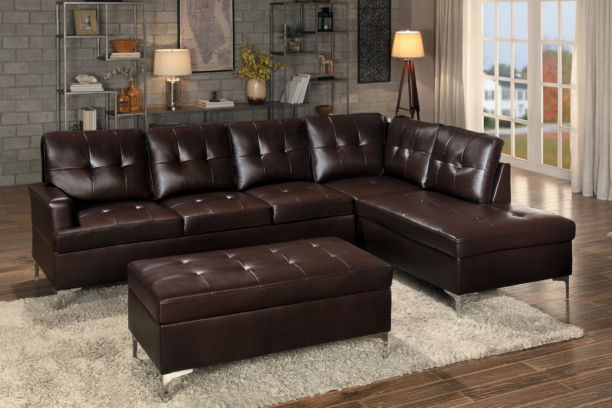 Contemporary Brown Tufted Top 1Pc Ottoman Faux Leather Upholstered Solid Wood Frame Living Room Furniture Silver Metal Legs Brown Wood Primary Living Space Brown Contemporary Rectangle Solid Wood